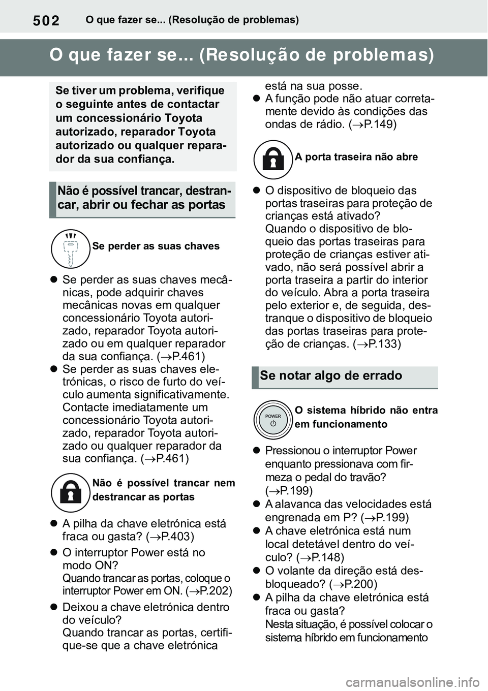 TOYOTA RAV4 2022 Manual de utilização (in Portuguese) 502O que fazer se... (Resolução de problemas)
1-1.What to do if... (Troubleshooting)O que fazer se... (Resolução de problemas)
Se perder as suas chaves mecâ-
nicas, pode adquirir chaves
mecâ TOYOTA RAV4 2022 Manual de utilização (in Portuguese) 502O que fazer se... (Resolução de problemas)
1-1.What to do if... (Troubleshooting)O que fazer se... (Resolução de problemas)
Se perder as suas chaves mecâ-
nicas, pode adquirir chaves
mecâ