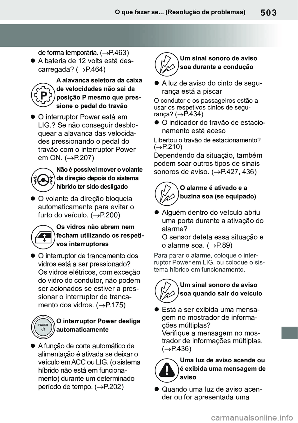 TOYOTA RAV4 2022 Manual de utilização (in Portuguese) 503O que fazer se... (Resolução de problemas)
de forma temporária. (P.463)
A bateria de 12 volts está des-
carregada? (P. 4 6 4)
O interruptor Power está em
LIG.? Se não conseguir d TOYOTA RAV4 2022 Manual de utilização (in Portuguese) 503O que fazer se... (Resolução de problemas)
de forma temporária. (P.463)
A bateria de 12 volts está des-
carregada? (P. 4 6 4)
O interruptor Power está em
LIG.? Se não conseguir d