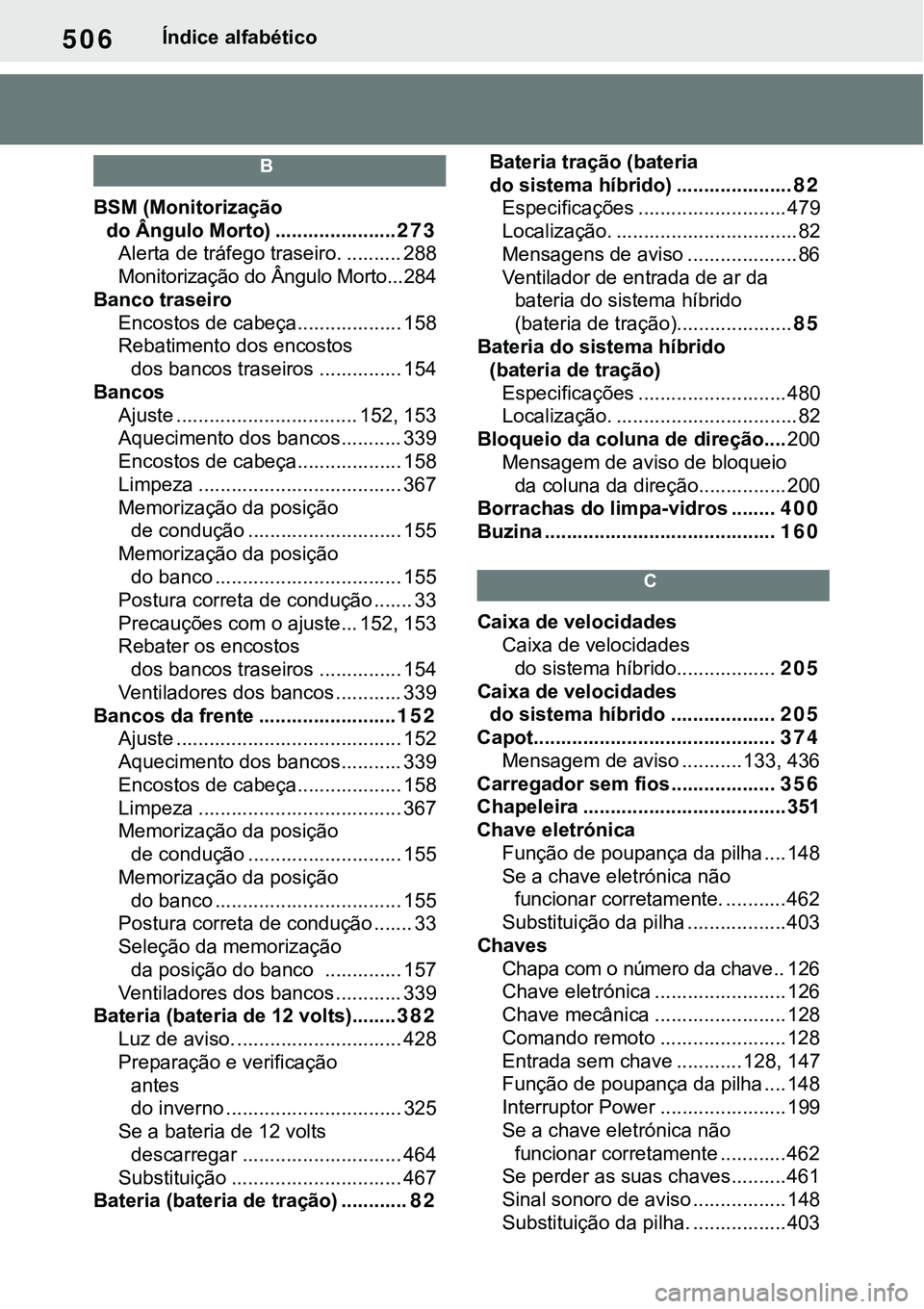 TOYOTA RAV4 2022 Manual de utilização (in Portuguese) 506Índice alfabético
B
BSM (Monitorização
do Ângulo Morto) ......................273
Alerta de tráfego traseiro. .......... 288
Monitorização do Ângulo Morto...284
Banco traseiro
Encostos TOYOTA RAV4 2022 Manual de utilização (in Portuguese) 506Índice alfabético
B
BSM (Monitorização
do Ângulo Morto) ......................273
Alerta de tráfego traseiro. .......... 288
Monitorização do Ângulo Morto...284
Banco traseiro
Encostos