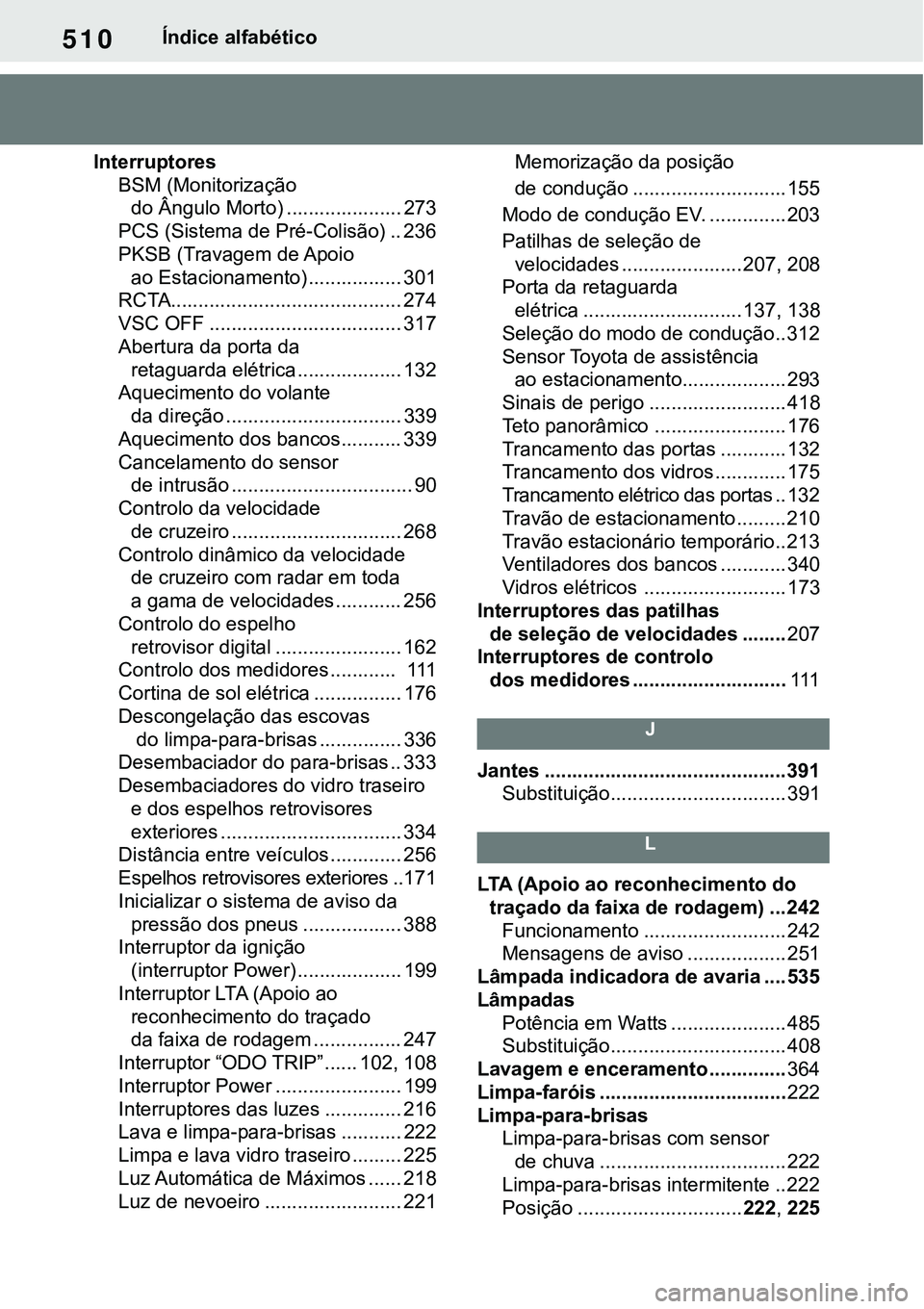TOYOTA RAV4 2022 Manual de utilização (in Portuguese) 510Índice alfabético
Interruptores
BSM (Monitorização
do Ângulo Morto) ..................... 273
PCS (Sistema de Pré-Colisão) .. 236
PKSB (Travagem de Apoio
ao Estacionamento) ......... TOYOTA RAV4 2022 Manual de utilização (in Portuguese) 510Índice alfabético
Interruptores
BSM (Monitorização
do Ângulo Morto) ..................... 273
PCS (Sistema de Pré-Colisão) .. 236
PKSB (Travagem de Apoio
ao Estacionamento) .........