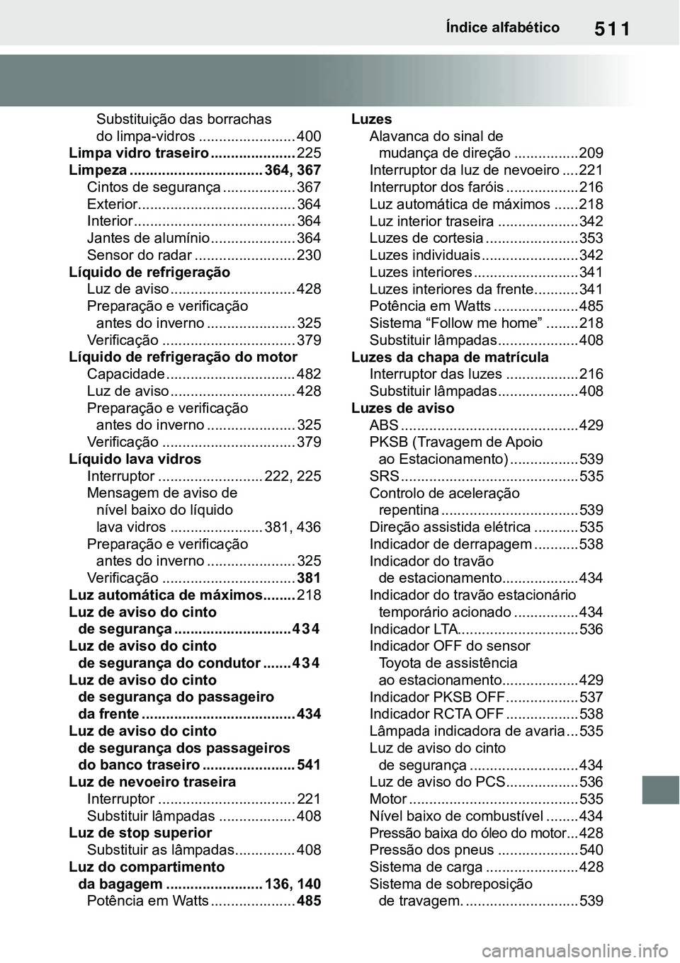 TOYOTA RAV4 2022 Manual de utilização (in Portuguese) 511Índice alfabético
Substituição das borrachas
do limpa-vidros ........................ 400
Limpa vidro traseiro .....................225
Limpeza ................................. 364, 367
Ci TOYOTA RAV4 2022 Manual de utilização (in Portuguese) 511Índice alfabético
Substituição das borrachas
do limpa-vidros ........................ 400
Limpa vidro traseiro .....................225
Limpeza ................................. 364, 367
Ci