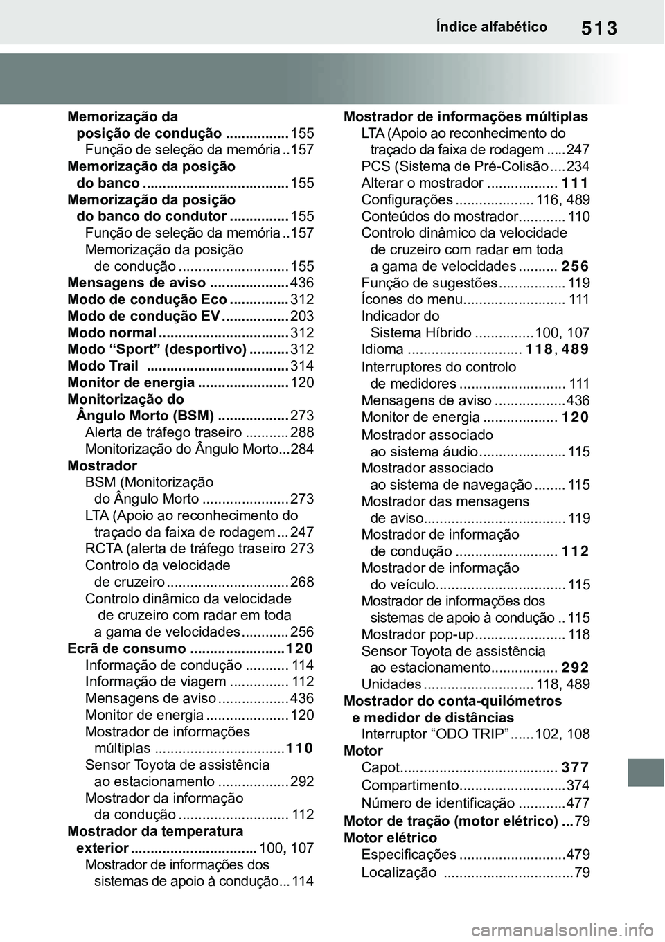 TOYOTA RAV4 2022 Manual de utilização (in Portuguese) 513Índice alfabético
Memorização da
posição de condução ................155
Função de seleção da memória ..157
Memorização da posição
do banco ................................ TOYOTA RAV4 2022 Manual de utilização (in Portuguese) 513Índice alfabético
Memorização da
posição de condução ................155
Função de seleção da memória ..157
Memorização da posição
do banco ................................