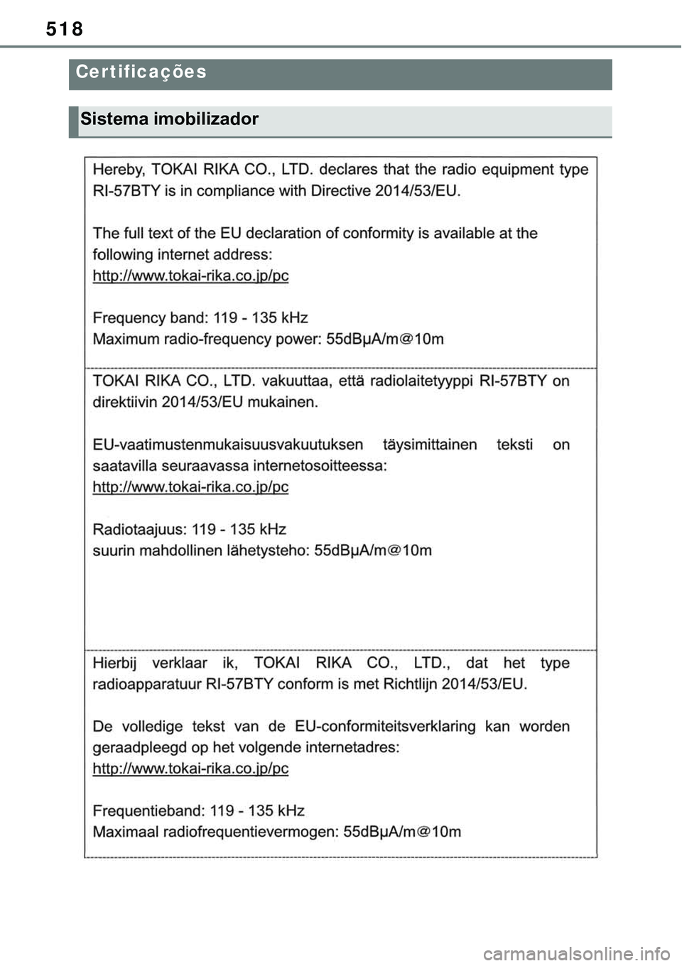 TOYOTA RAV4 2022 Manual de utilização (in Portuguese) 518
Certificações
Sistema imobilizador TOYOTA RAV4 2022 Manual de utilização (in Portuguese) 518
Certificações
Sistema imobilizador