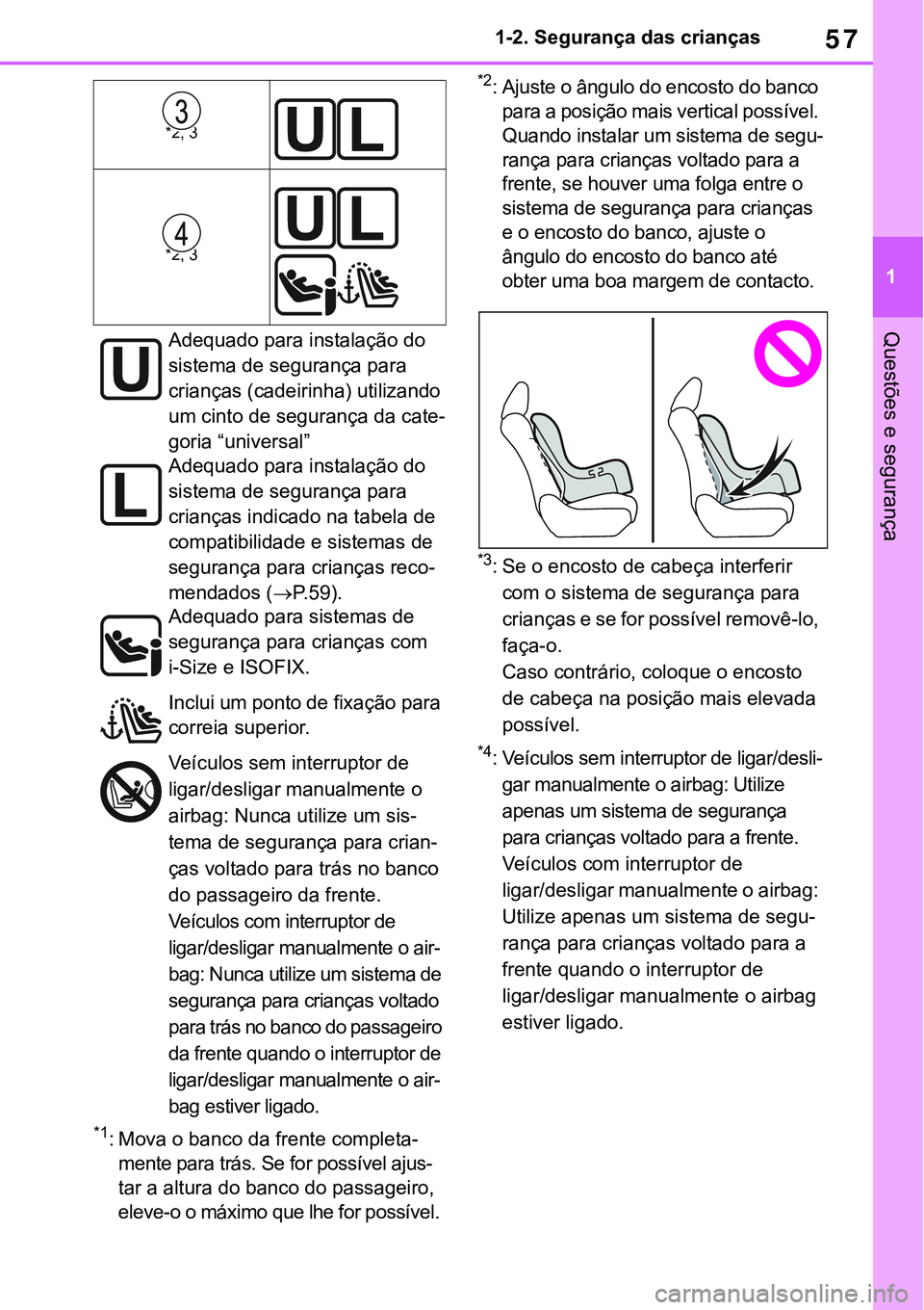 TOYOTA RAV4 2022 Manual de utilização (in Portuguese) 57
1 1-2. Segurança das crianças
Questões e segurança
*1: Mova o banco da frente completa-
mente para trás. Se for possível ajus-
tar a altura do banco do passageiro,
eleve-o o máximo que lhe TOYOTA RAV4 2022 Manual de utilização (in Portuguese) 57
1 1-2. Segurança das crianças
Questões e segurança
*1: Mova o banco da frente completa-
mente para trás. Se for possível ajus-
tar a altura do banco do passageiro,
eleve-o o máximo que lhe