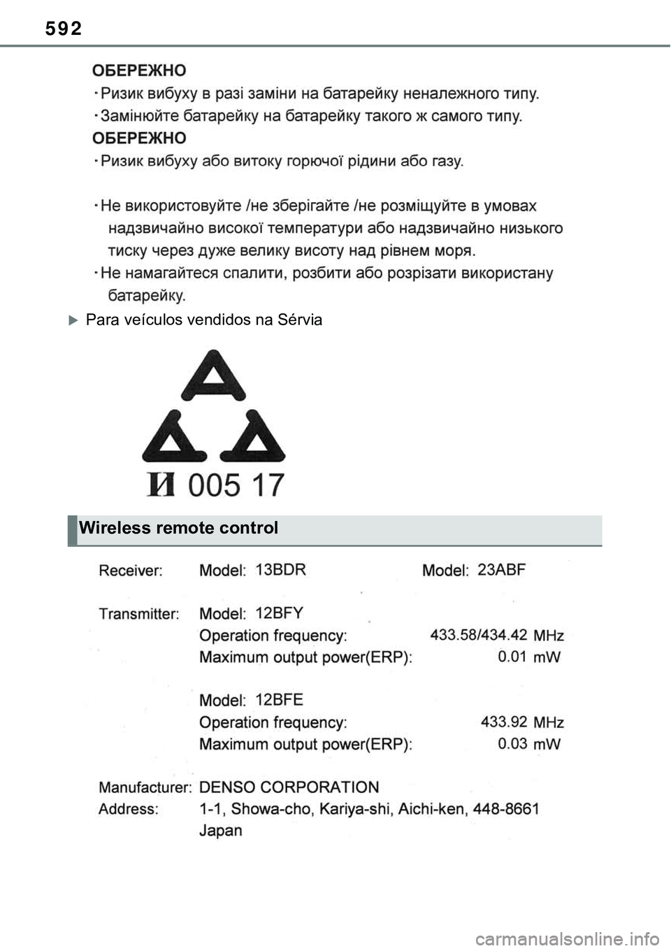 TOYOTA RAV4 2022 Manual de utilização (in Portuguese) 592
Para veículos vendidos na Sérvia
Wireless remote control TOYOTA RAV4 2022 Manual de utilização (in Portuguese) 592
Para veículos vendidos na Sérvia
Wireless remote control