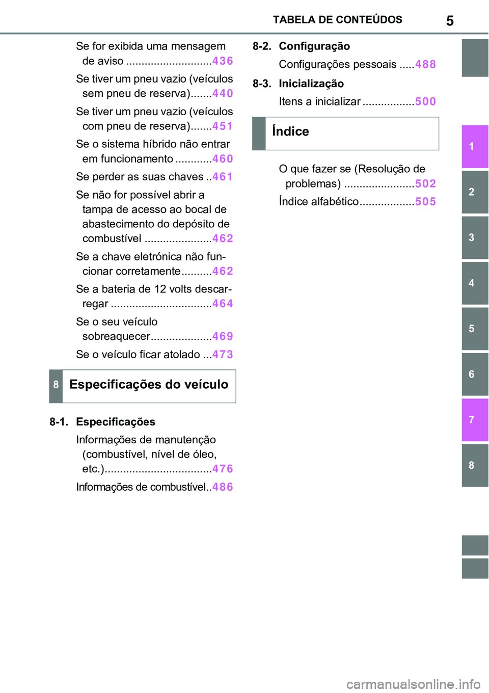 TOYOTA RAV4 2022  Manual de utilização (in Portuguese) 5TABELA DE CONTEÚDOS
1
6 5
4
3
2
8
7
Se for exibida uma mensagem 
de aviso
............................436
Se tiver um pneu vazio (veículos 
sem pneu de reserva)
.......440
Se tiver um pneu vazio (v