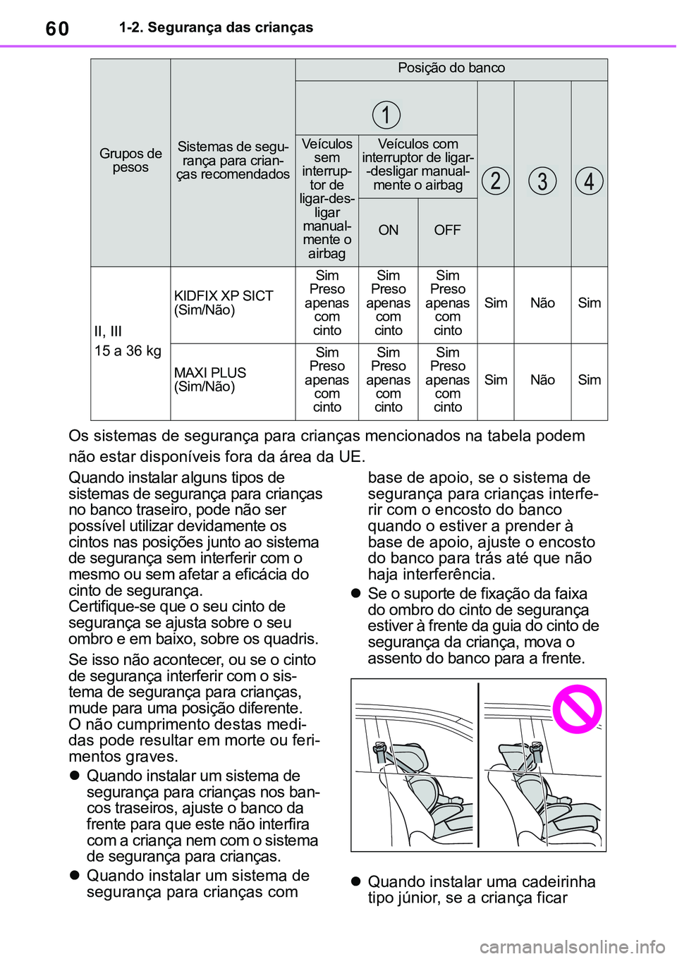 TOYOTA RAV4 2022 Manual de utilização (in Portuguese) 601-2. Segurança das crianças
Os sistemas de segurança para crianças mencionados na tabela podem
não estar disponíveis fora da área da UE.
Quando instalar alguns tipos de
sistemas de seguran TOYOTA RAV4 2022 Manual de utilização (in Portuguese) 601-2. Segurança das crianças
Os sistemas de segurança para crianças mencionados na tabela podem
não estar disponíveis fora da área da UE.
Quando instalar alguns tipos de
sistemas de seguran