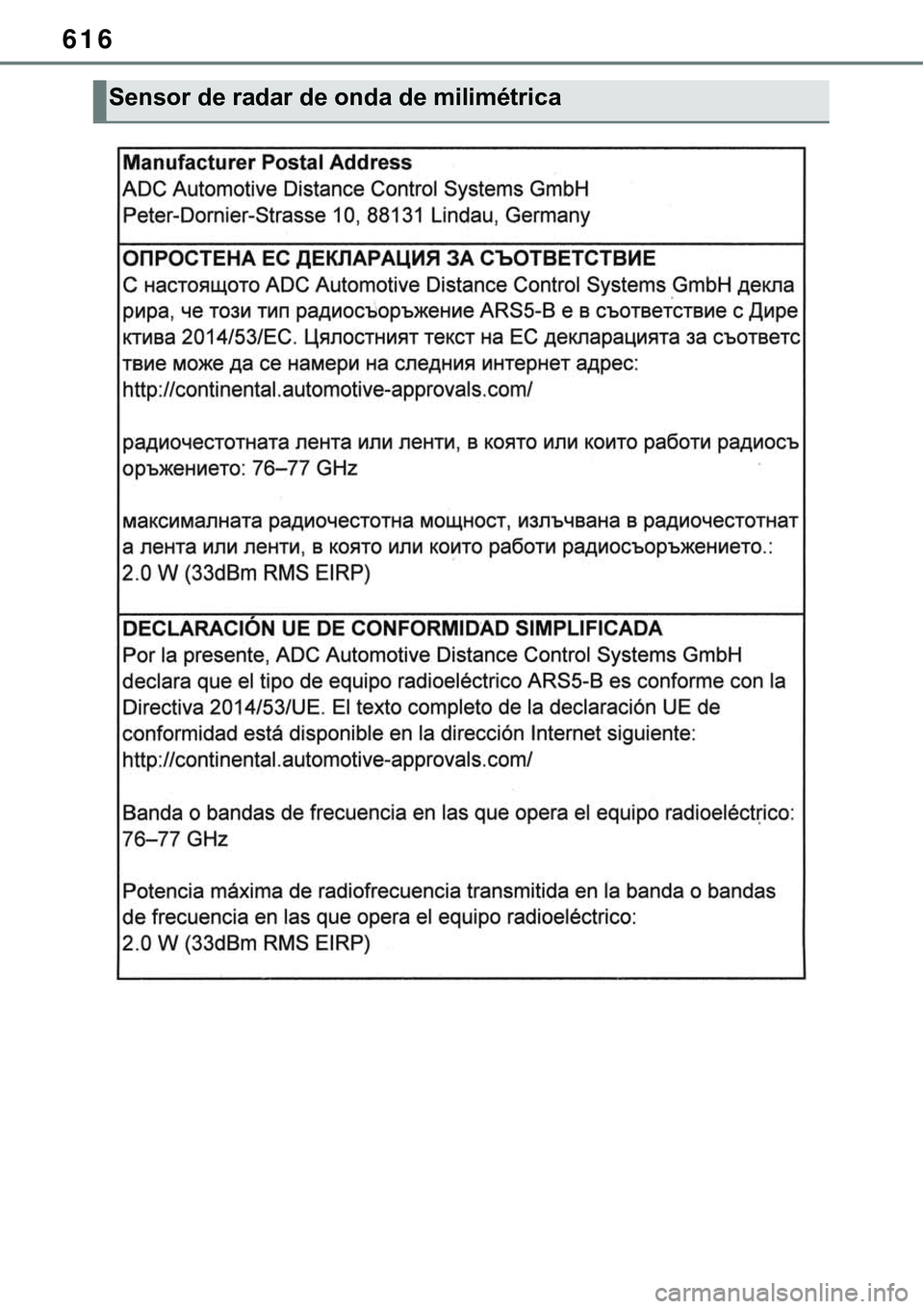 TOYOTA RAV4 2022 Manual de utilização (in Portuguese) 616
Sensor de radar de onda de milimétrica TOYOTA RAV4 2022 Manual de utilização (in Portuguese) 616
Sensor de radar de onda de milimétrica
