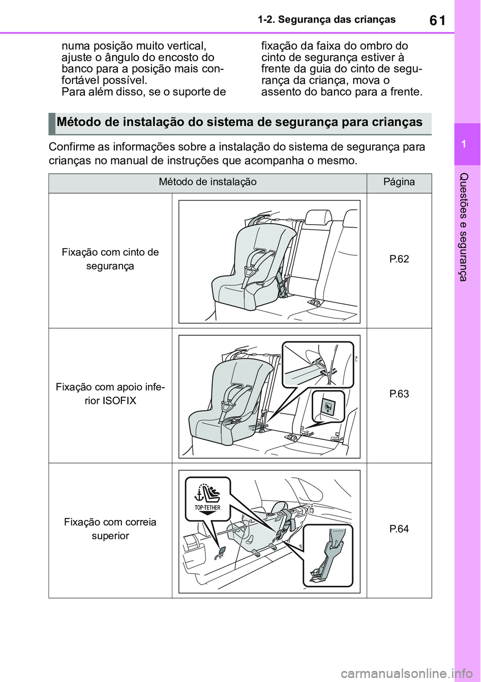 TOYOTA RAV4 2022 Manual de utilização (in Portuguese) 61
1 1-2. Segurança das crianças
Questões e segurança
numa posição muito vertical,
ajuste o ângulo do encosto do
banco para a posição mais con
-
fortável possível.
Para além disso, se TOYOTA RAV4 2022 Manual de utilização (in Portuguese) 61
1 1-2. Segurança das crianças
Questões e segurança
numa posição muito vertical,
ajuste o ângulo do encosto do
banco para a posição mais con
-
fortável possível.
Para além disso, se