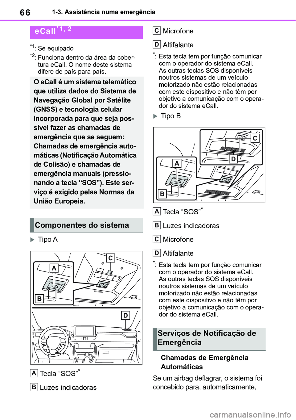 TOYOTA RAV4 2022 Manual de utilização (in Portuguese) 661-3. Assistência numa emergência
1-3.Emergency assistance
*1: Se equipado*2: Funciona dentro da área da cober-
tura eCall. O nome deste sistema
difere de país para país.
Tipo A
Tecla “SOS TOYOTA RAV4 2022 Manual de utilização (in Portuguese) 661-3. Assistência numa emergência
1-3.Emergency assistance
*1: Se equipado*2: Funciona dentro da área da cober-
tura eCall. O nome deste sistema
difere de país para país.
Tipo A
Tecla “SOS