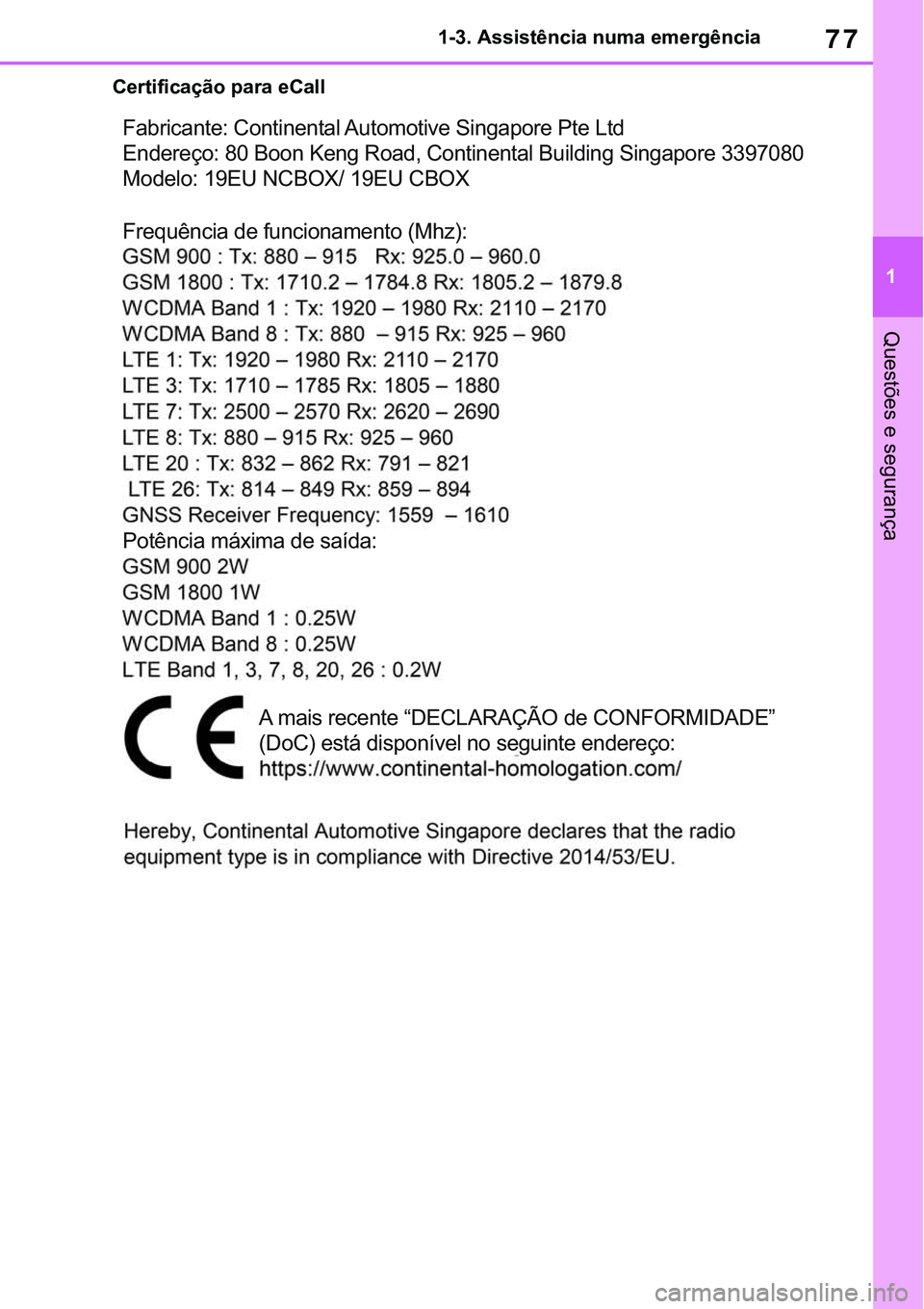 TOYOTA RAV4 2022 Manual de utilização (in Portuguese) 77
1 1-3. Assistência numa emergência
Questões e segurança
Certificação para eCall
Fabricante: Continental Automotive Singapore Pte Ltd
Endereço: 80 Boon Keng Road, Continental Building Singapo TOYOTA RAV4 2022 Manual de utilização (in Portuguese) 77
1 1-3. Assistência numa emergência
Questões e segurança
Certificação para eCall
Fabricante: Continental Automotive Singapore Pte Ltd
Endereço: 80 Boon Keng Road, Continental Building Singapo