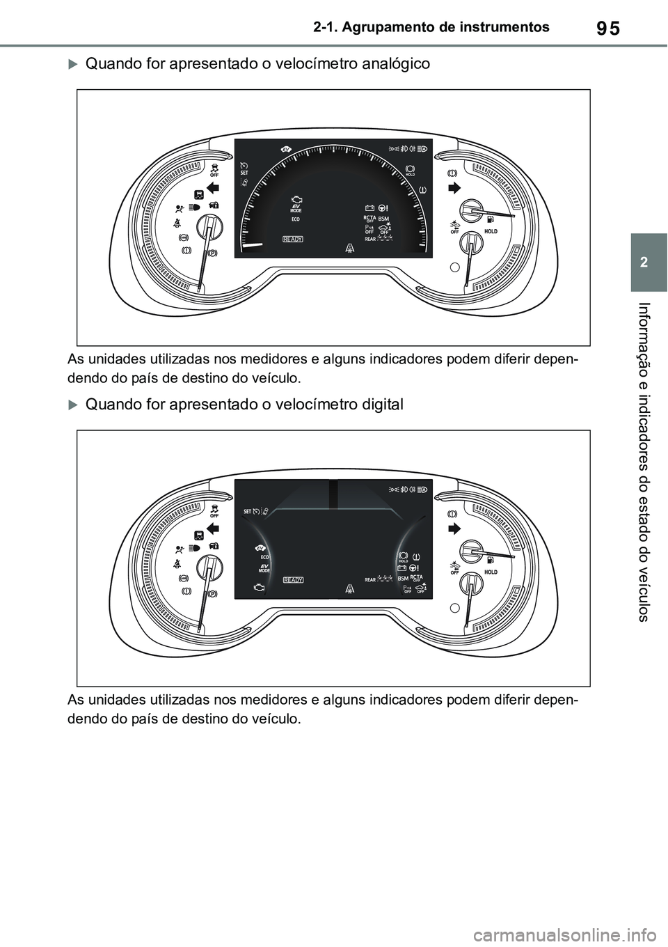 TOYOTA RAV4 2022 Manual de utilização (in Portuguese) 95
2 2-1. Agrupamento de instrumentos
Informação e indicadores do estado do veículos
Quando for apresentado o velocímetro analógico
As unidades utilizadas nos medidores e alguns indicadores po TOYOTA RAV4 2022 Manual de utilização (in Portuguese) 95
2 2-1. Agrupamento de instrumentos
Informação e indicadores do estado do veículos
Quando for apresentado o velocímetro analógico
As unidades utilizadas nos medidores e alguns indicadores po