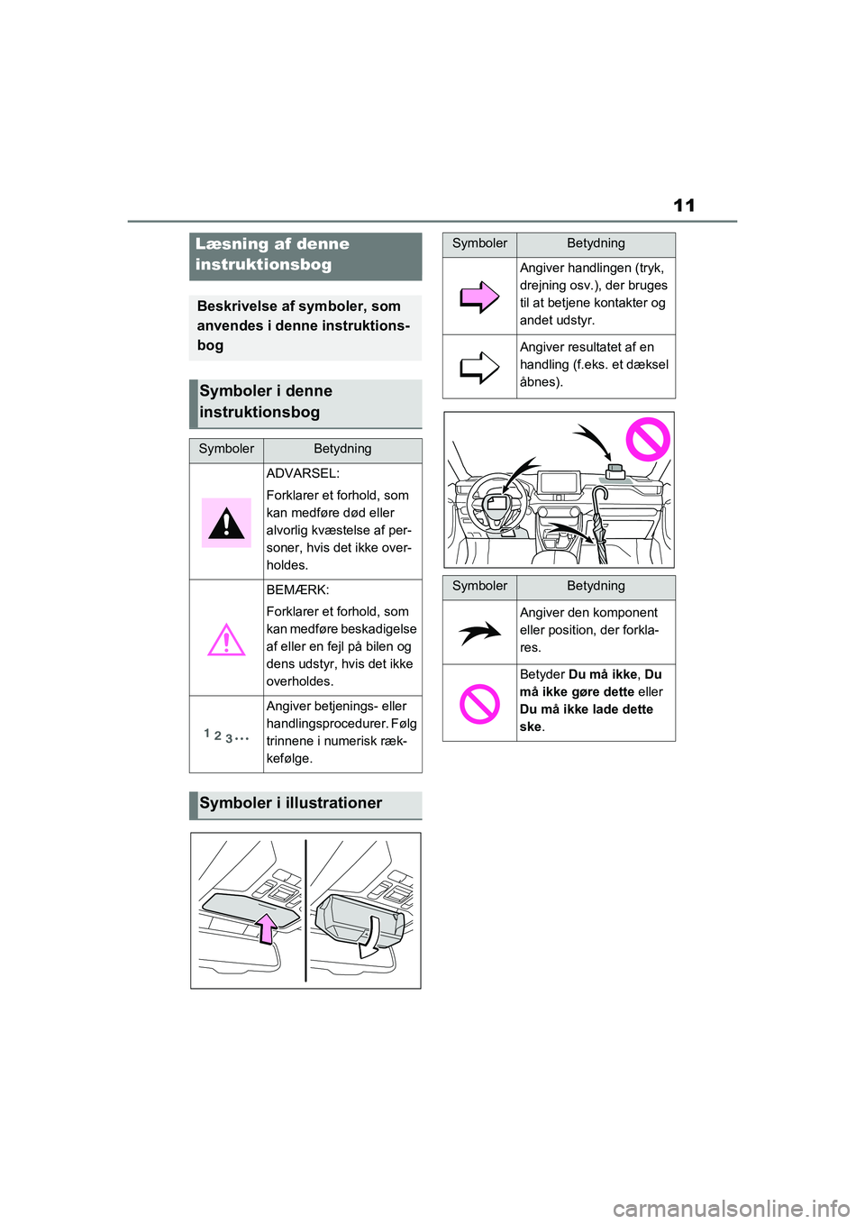 TOYOTA RAV4 2021 Brugsanvisning (in Danish) 11
Læsning af denne
instruktionsbog
Beskrivelse af symboler, som
anvendes i denne instruktions-
bog
Symboler i denne
instruktionsbog
SymbolerBetydning
ADVARSEL:
Forklarer et forhold, som
kan medf TOYOTA RAV4 2021 Brugsanvisning (in Danish) 11
Læsning af denne
instruktionsbog
Beskrivelse af symboler, som
anvendes i denne instruktions-
bog
Symboler i denne
instruktionsbog
SymbolerBetydning
ADVARSEL:
Forklarer et forhold, som
kan medf