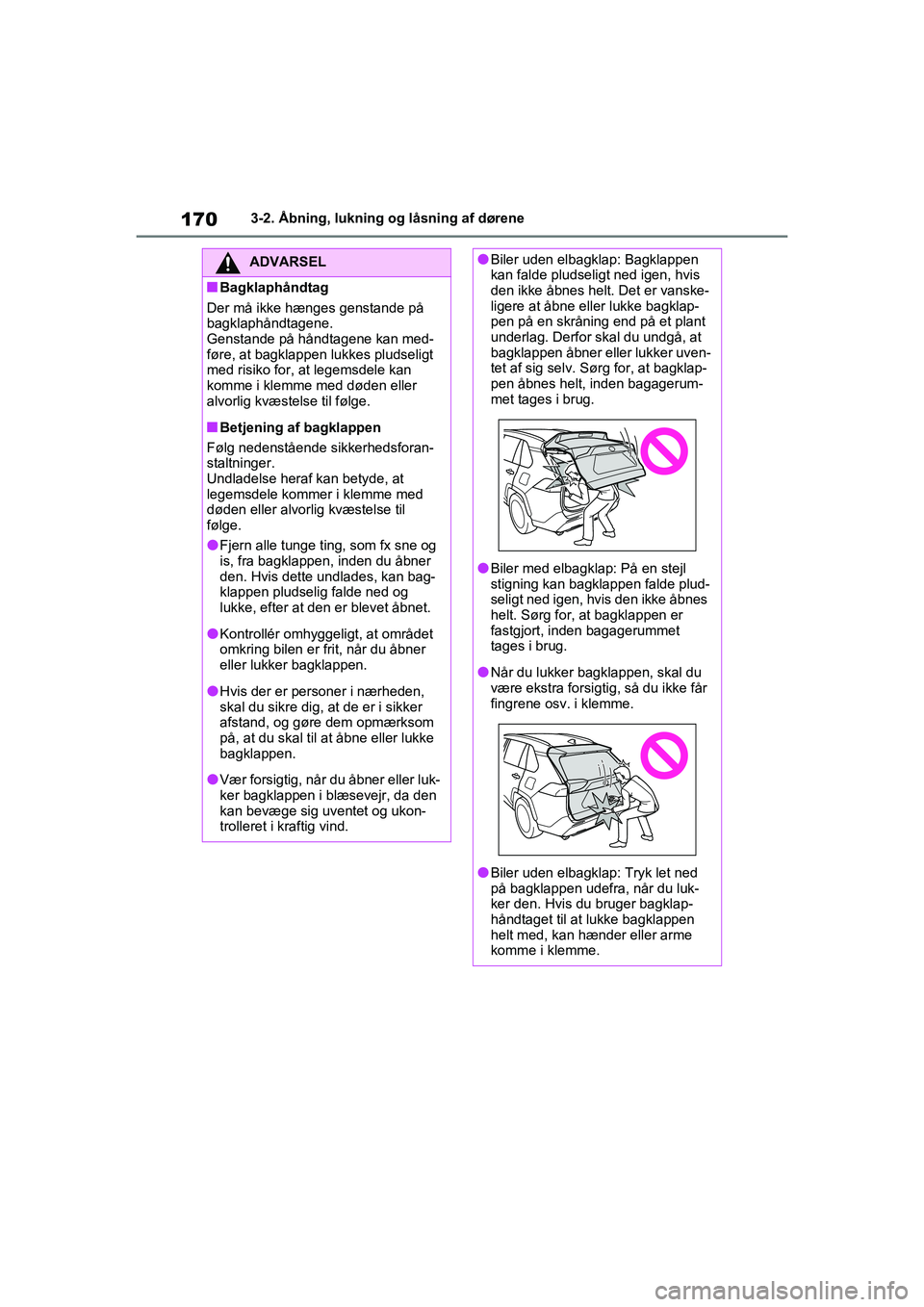 TOYOTA RAV4 2021 Brugsanvisning (in Danish) 1703-2. Åbning, lukning og låsning af dørene
ADVARSEL
nBagklaphåndtag
Der må ikke hænges genstande på
bagklaphåndtagene.
Genstande på håndtagene kan med-
føre, at bagklappen lukkes pludsel TOYOTA RAV4 2021 Brugsanvisning (in Danish) 1703-2. Åbning, lukning og låsning af dørene
ADVARSEL
nBagklaphåndtag
Der må ikke hænges genstande på
bagklaphåndtagene.
Genstande på håndtagene kan med-
føre, at bagklappen lukkes pludsel