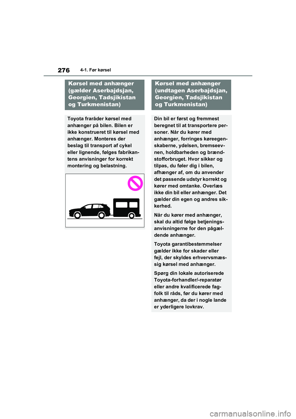 TOYOTA RAV4 2021  Brugsanvisning (in Danish) 2764-1. Før kørsel
Kørsel med anhænger 
(gælder Aserbajdsjan, 
Georgien, Tadsjikistan 
og Turkmenistan)
Toyota fraråder kørsel med 
anhænger på bilen. Bilen er 
ikke konstrueret til kørsel m