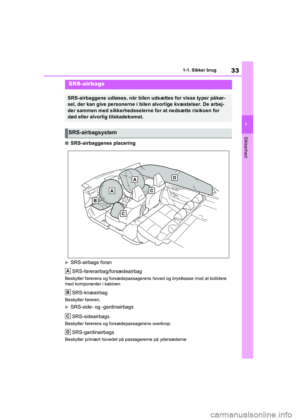 TOYOTA RAV4 2021 Brugsanvisning (in Danish) 33
1
1-1. Sikker brug
Sikkerhed
nSRS-airbaggenes placering
SRS-airbags foran
SRS-førerairbag/forsædeairbag
Beskytter førerens og forsædepassagerens hoved og brystkasse mod at kollidere
med kom TOYOTA RAV4 2021 Brugsanvisning (in Danish) 33
1
1-1. Sikker brug
Sikkerhed
nSRS-airbaggenes placering
SRS-airbags foran
SRS-førerairbag/forsædeairbag
Beskytter førerens og forsædepassagerens hoved og brystkasse mod at kollidere
med kom