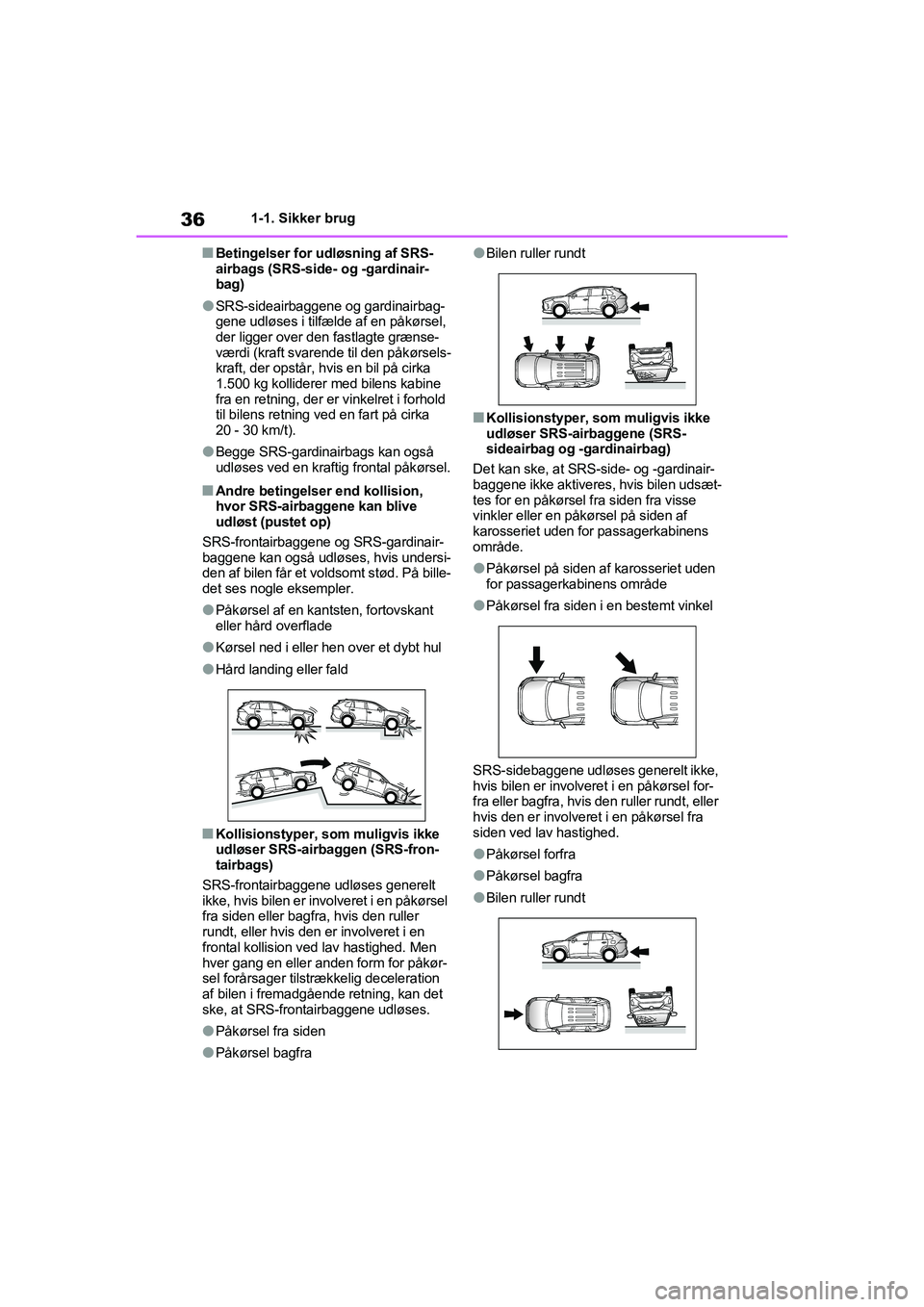 TOYOTA RAV4 2021 Brugsanvisning (in Danish) 361-1. Sikker brug
nBetingelser for udløsning af SRS-
airbags (SRS-side- og -gardinair-
bag)
lSRS-sideairbaggene og gardinairbag-
gene udløses i tilfælde af en påkørsel,
der ligger over den fast TOYOTA RAV4 2021 Brugsanvisning (in Danish) 361-1. Sikker brug
nBetingelser for udløsning af SRS-
airbags (SRS-side- og -gardinair-
bag)
lSRS-sideairbaggene og gardinairbag-
gene udløses i tilfælde af en påkørsel,
der ligger over den fast