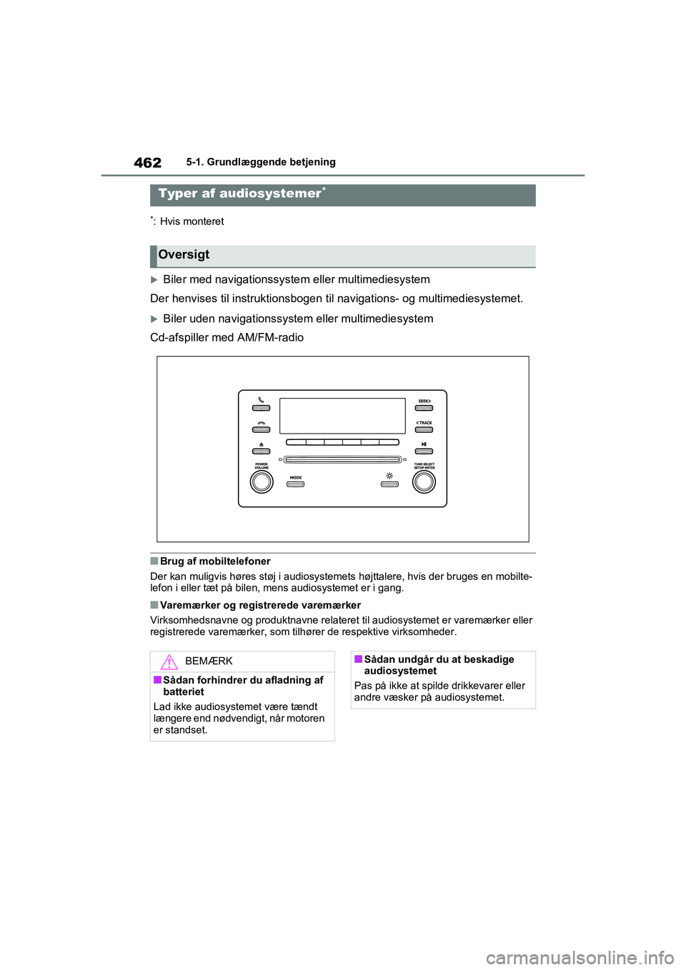 TOYOTA RAV4 2021 Brugsanvisning (in Danish) 4625-1. Grundlæggende betjening
5-1.Grundlæggende betjening
*: Hvis monteret
Biler med navigationssystem eller multimediesystem
Der henvises til instruktionsbogen t il navigations- og multimedies TOYOTA RAV4 2021 Brugsanvisning (in Danish) 4625-1. Grundlæggende betjening
5-1.Grundlæggende betjening
*: Hvis monteret
Biler med navigationssystem eller multimediesystem
Der henvises til instruktionsbogen t il navigations- og multimedies