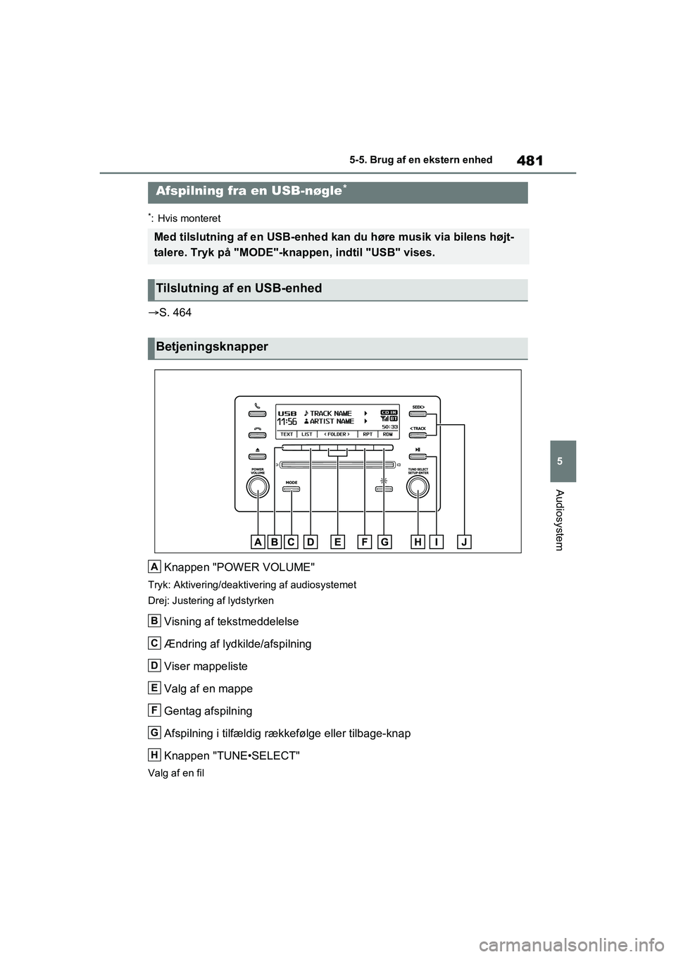 TOYOTA RAV4 2021  Brugsanvisning (in Danish) 481
5
5-5. Brug af en ekstern enhed
Audiosystem
*: Hvis monteret

S. 464
Knappen "POWER VOLUME"
Tryk: Aktivering/deaktivering af audiosystemet
Drej: Justering af lydstyrken
Visning af tekstmeddelel