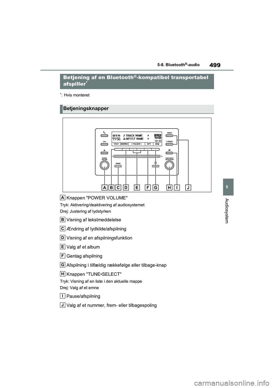 TOYOTA RAV4 2021 Brugsanvisning (in Danish) 499
5
5-8. Bluetooth
®-audio
Audiosystem
5-8.Bluetooth®-audio
*: Hvis monteret
Knappen "POWER VOLUME"
Tryk: Aktivering/deaktivering af audiosystemet
Drej: Justering af lydstyrken
Visning af tekstmed TOYOTA RAV4 2021 Brugsanvisning (in Danish) 499
5
5-8. Bluetooth
®-audio
Audiosystem
5-8.Bluetooth®-audio
*: Hvis monteret
Knappen "POWER VOLUME"
Tryk: Aktivering/deaktivering af audiosystemet
Drej: Justering af lydstyrken
Visning af tekstmed