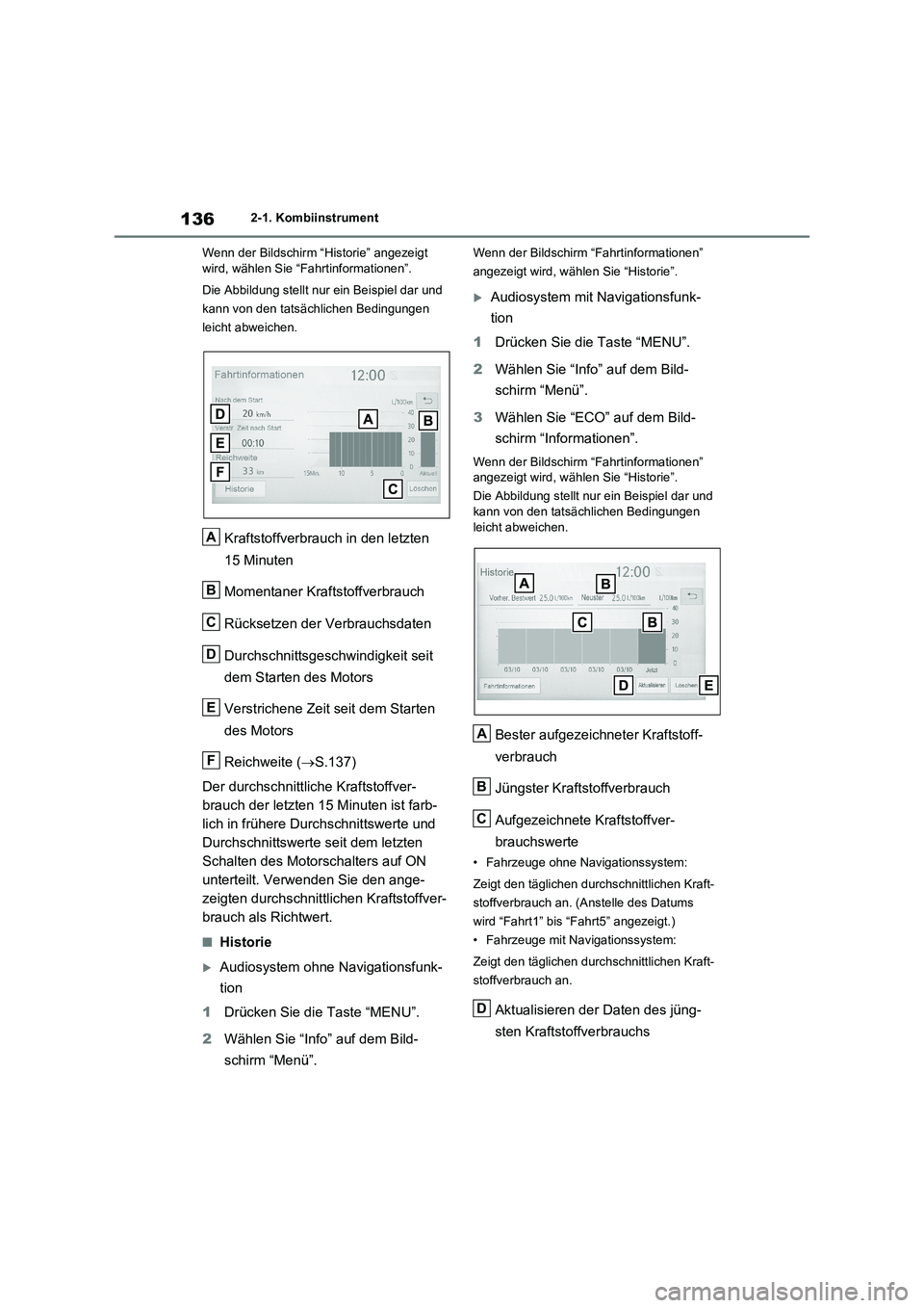 TOYOTA RAV4 2021 Betriebsanleitungen (in German) 1362-1. Kombiinstrument
Wenn der Bildschirm “Historie” angezeigt
wird, wählen Sie “Fahrtinformationen”.
Die Abbildung stellt nur ein Beispiel dar und
kann von den tatsächlichen Bedingungen TOYOTA RAV4 2021 Betriebsanleitungen (in German) 1362-1. Kombiinstrument
Wenn der Bildschirm “Historie” angezeigt
wird, wählen Sie “Fahrtinformationen”.
Die Abbildung stellt nur ein Beispiel dar und
kann von den tatsächlichen Bedingungen