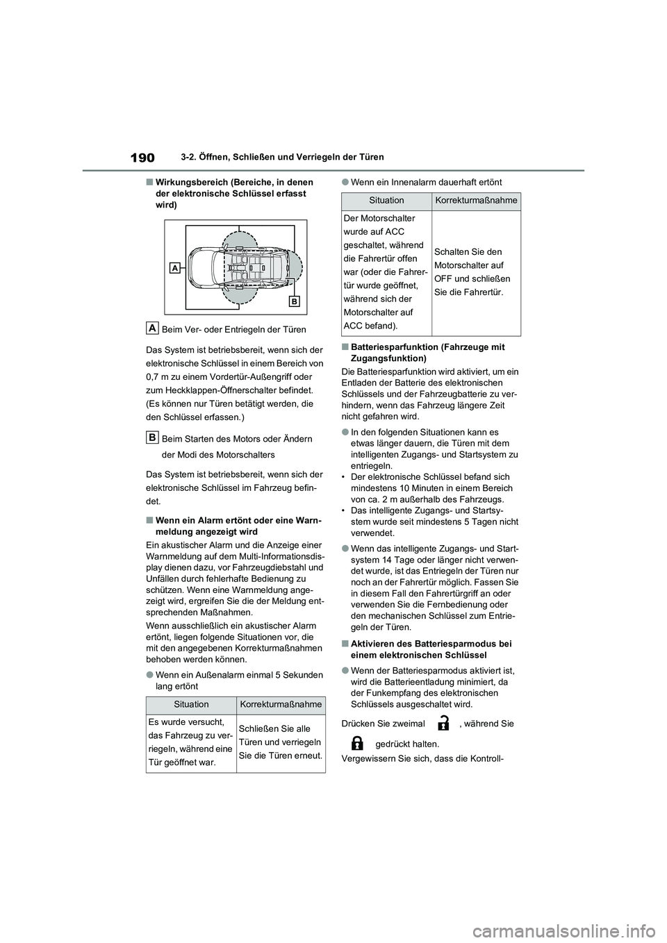 TOYOTA RAV4 2021 Betriebsanleitungen (in German) 1903-2. Öffnen, Schließen und Verriegeln der Türen
■Wirkungsbereich (Bereiche, in denen der elektronische Schlüssel erfasst
wird)
Beim Ver- oder Entriegeln der Türen
Das System ist betrieb TOYOTA RAV4 2021 Betriebsanleitungen (in German) 1903-2. Öffnen, Schließen und Verriegeln der Türen
■Wirkungsbereich (Bereiche, in denen der elektronische Schlüssel erfasst
wird)
Beim Ver- oder Entriegeln der Türen
Das System ist betrieb