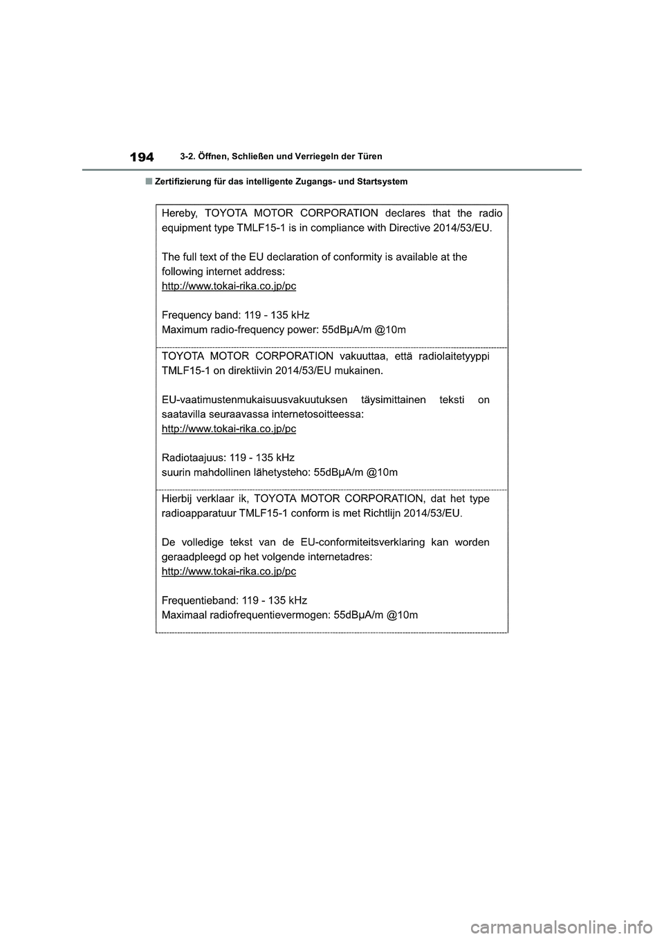TOYOTA RAV4 2021 Betriebsanleitungen (in German) 1943-2. Öffnen, Schließen und Verriegeln der Türen
■Zertifizierung für das intelligente Zugangs- und Startsystem TOYOTA RAV4 2021 Betriebsanleitungen (in German) 1943-2. Öffnen, Schließen und Verriegeln der Türen
■Zertifizierung für das intelligente Zugangs- und Startsystem