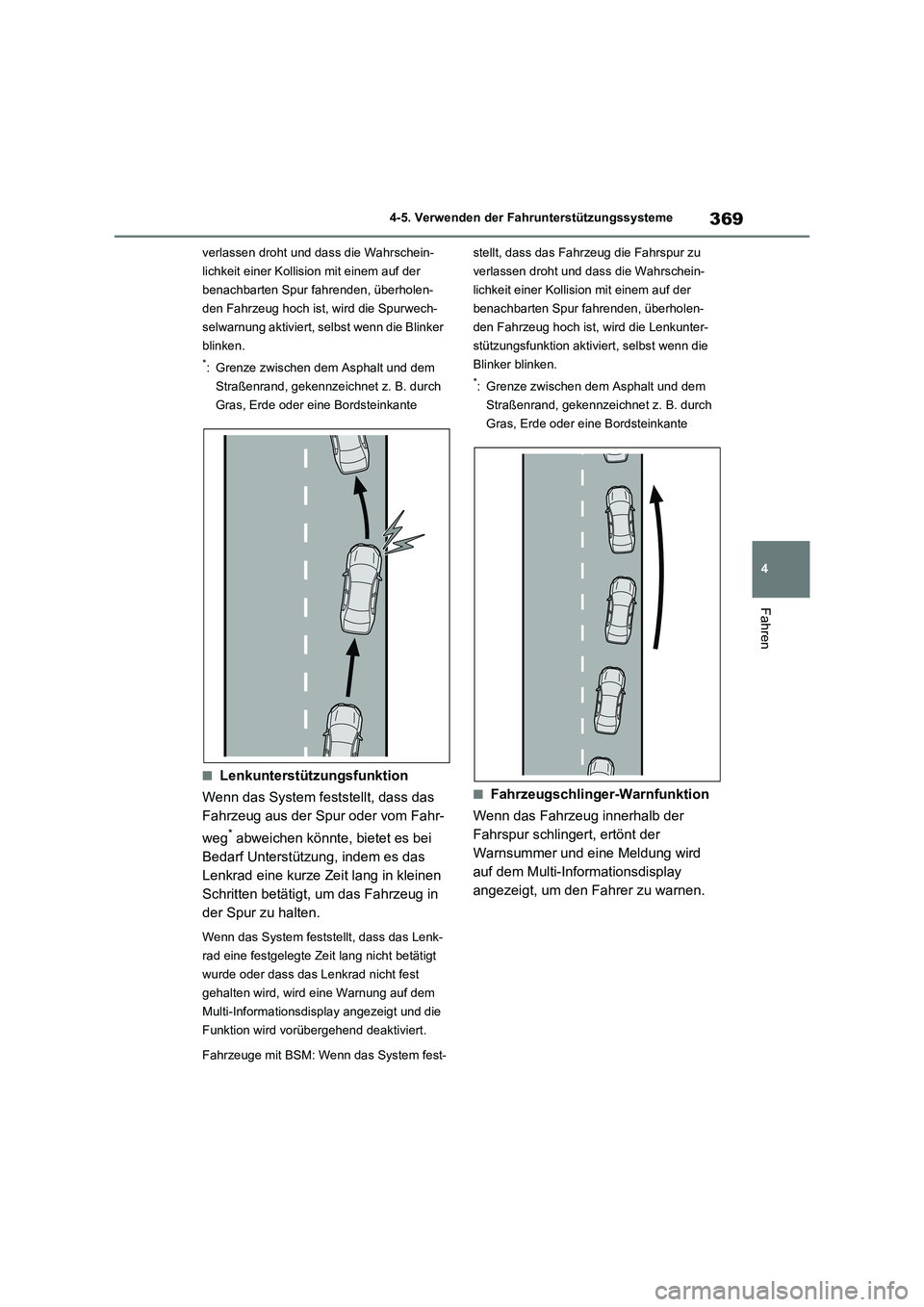 TOYOTA RAV4 2021 Betriebsanleitungen (in German) 369
4 4-5. Verwenden der Fahrunterstützungssysteme
Fahren
verlassen droht und dass die Wahrschein-
lichkeit einer Kollision mit einem auf der
benachbarten Spur fahrenden, überholen-
den Fahrzeug ho TOYOTA RAV4 2021 Betriebsanleitungen (in German) 369
4 4-5. Verwenden der Fahrunterstützungssysteme
Fahren
verlassen droht und dass die Wahrschein-
lichkeit einer Kollision mit einem auf der
benachbarten Spur fahrenden, überholen-
den Fahrzeug ho