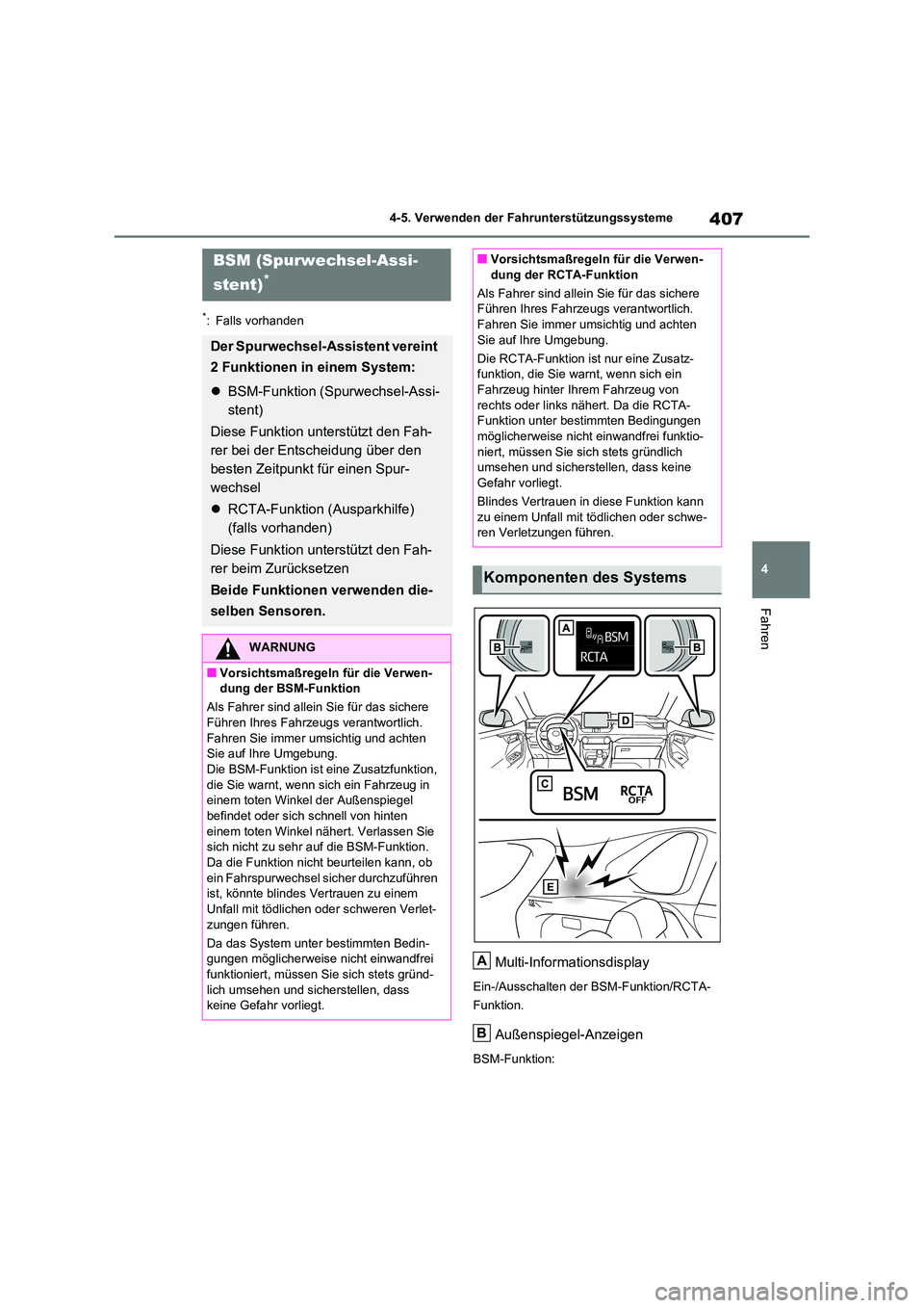 TOYOTA RAV4 2021 Betriebsanleitungen (in German) 407
4
4-5. Verwenden der Fahrunterstützungssysteme
Fahren
*: Falls vorhanden
Multi-Informationsdisplay
Ein-/Ausschalten der BSM-Funktion/RCTA-
Funktion.
Außenspiegel-Anzeigen
BSM-Funktion:
BSM (Sp TOYOTA RAV4 2021 Betriebsanleitungen (in German) 407
4
4-5. Verwenden der Fahrunterstützungssysteme
Fahren
*: Falls vorhanden
Multi-Informationsdisplay
Ein-/Ausschalten der BSM-Funktion/RCTA-
Funktion.
Außenspiegel-Anzeigen
BSM-Funktion:
BSM (Sp