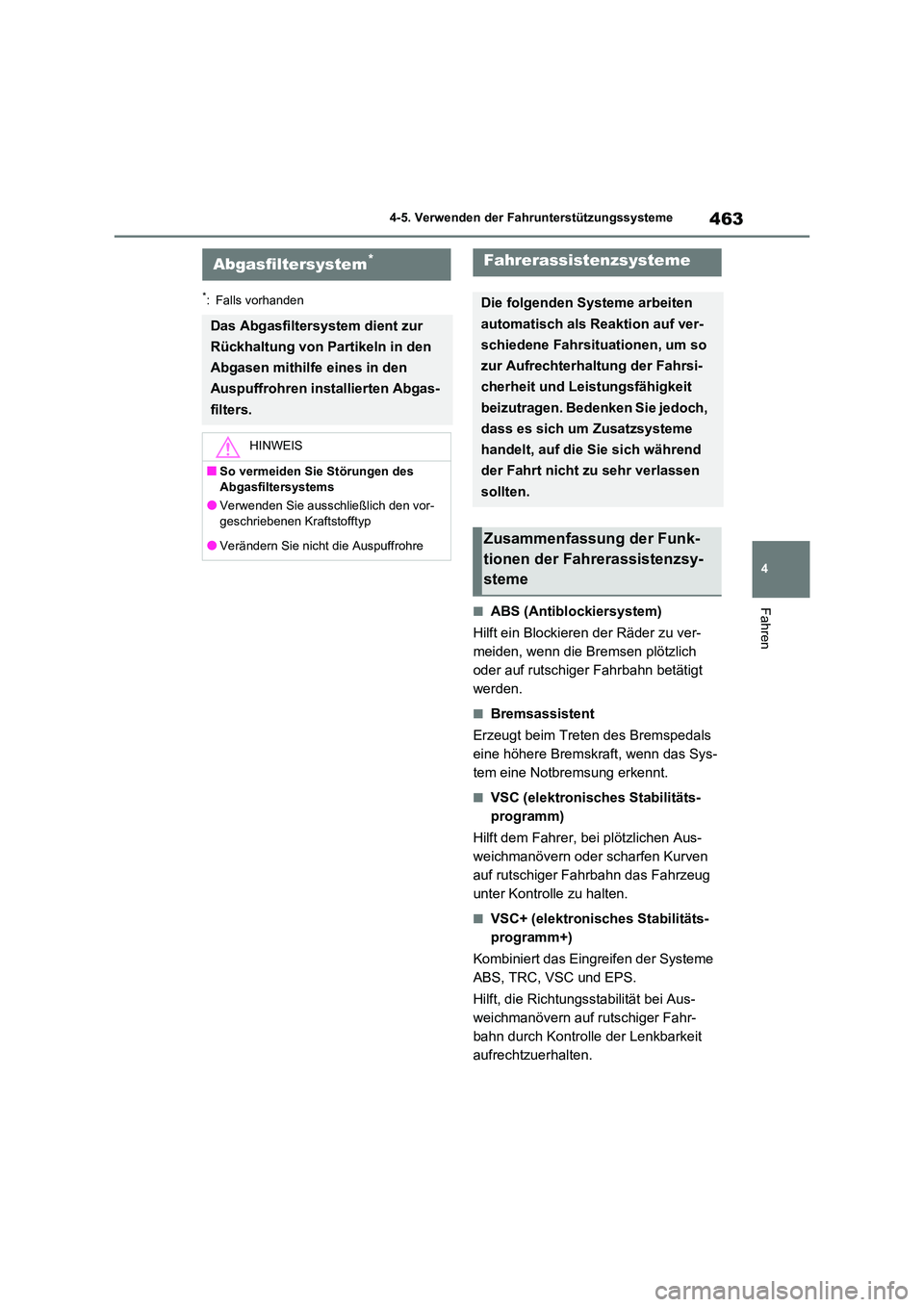 TOYOTA RAV4 2021 Betriebsanleitungen (in German) 463
4
4-5. Verwenden der Fahrunterstützungssysteme
Fahren
*: Falls vorhanden
■ABS (Antiblockiersystem)
Hilft ein Blockieren der Räder zu ver-
meiden, wenn die Bremsen plötzlich
oder auf rutsc TOYOTA RAV4 2021 Betriebsanleitungen (in German) 463
4
4-5. Verwenden der Fahrunterstützungssysteme
Fahren
*: Falls vorhanden
■ABS (Antiblockiersystem)
Hilft ein Blockieren der Räder zu ver-
meiden, wenn die Bremsen plötzlich
oder auf rutsc