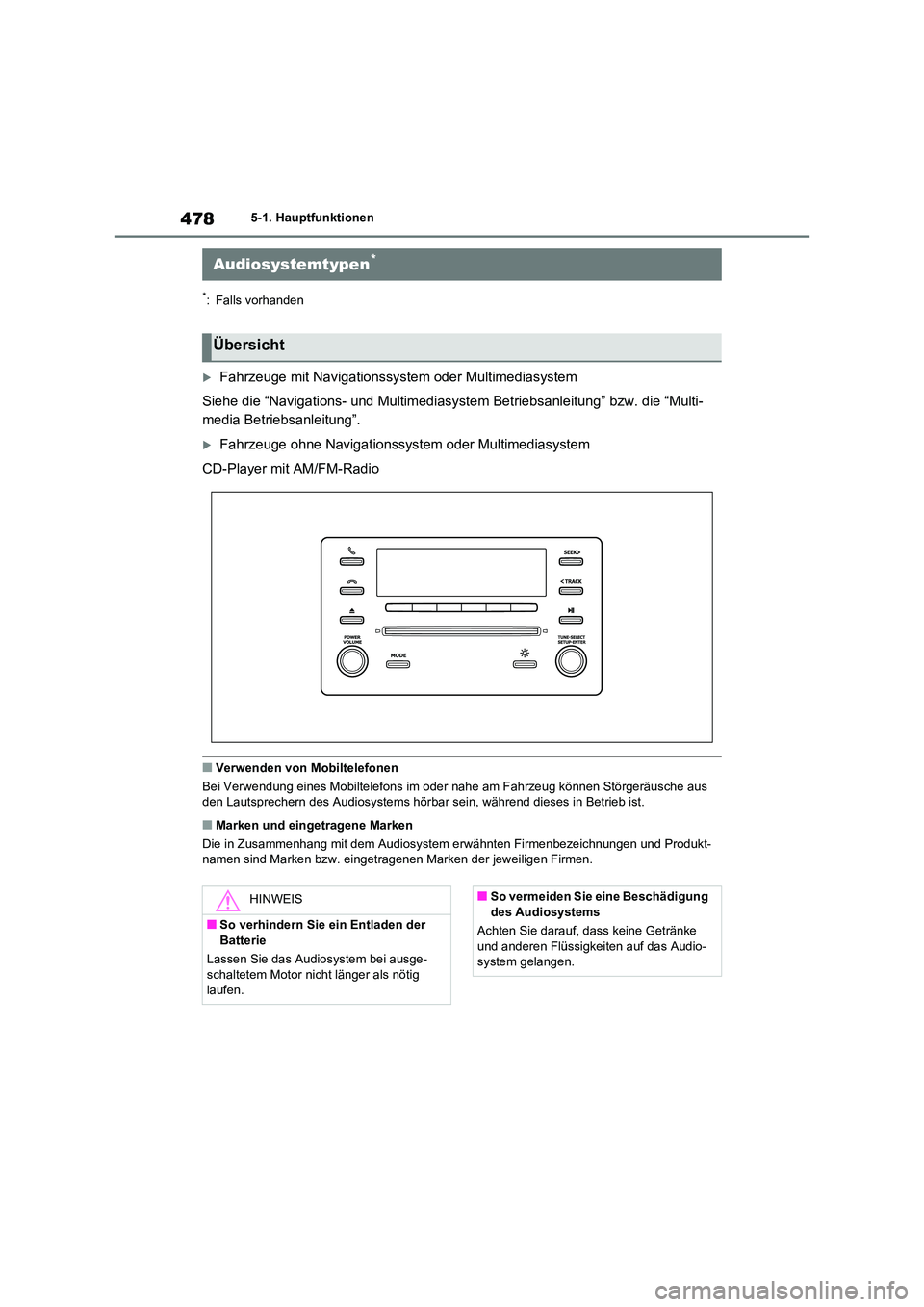 TOYOTA RAV4 2021 Betriebsanleitungen (in German) 4785-1. Hauptfunktionen
5-1.Hauptfunktionen
*: Falls vorhanden
Fahrzeuge mit Navigationssystem oder Multimediasystem
Siehe die “Navigations- und Multimediasystem Betriebsanleitung” bzw. die TOYOTA RAV4 2021 Betriebsanleitungen (in German) 4785-1. Hauptfunktionen
5-1.Hauptfunktionen
*: Falls vorhanden
Fahrzeuge mit Navigationssystem oder Multimediasystem
Siehe die “Navigations- und Multimediasystem Betriebsanleitung” bzw. die