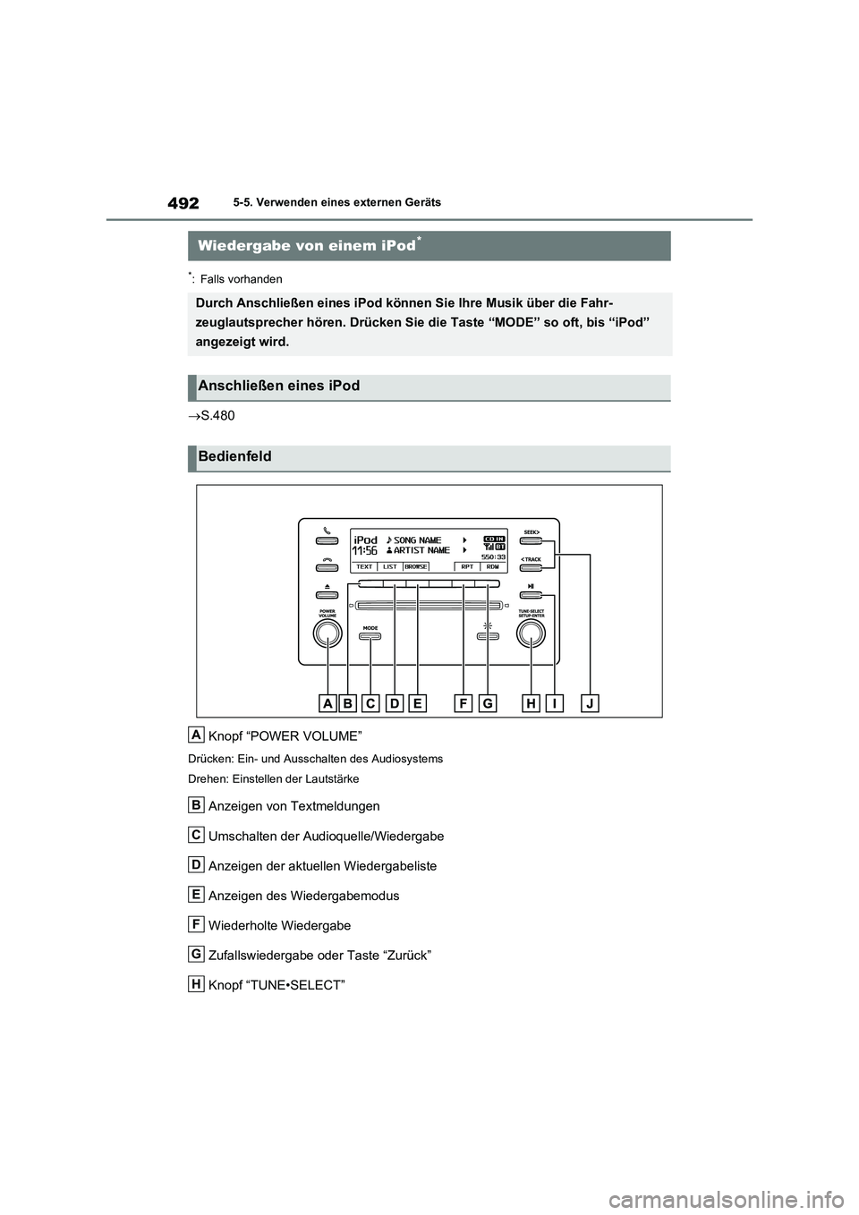 TOYOTA RAV4 2021 Betriebsanleitungen (in German) 4925-5. Verwenden eines externen Geräts
5-5.Verwenden eines externen Geräts
*: Falls vorhanden
S.480
Knopf “POWER VOLUME”
Drücken: Ein- und Ausschalten des Audiosystems
Drehen: Einstellen de TOYOTA RAV4 2021 Betriebsanleitungen (in German) 4925-5. Verwenden eines externen Geräts
5-5.Verwenden eines externen Geräts
*: Falls vorhanden
S.480
Knopf “POWER VOLUME”
Drücken: Ein- und Ausschalten des Audiosystems
Drehen: Einstellen de