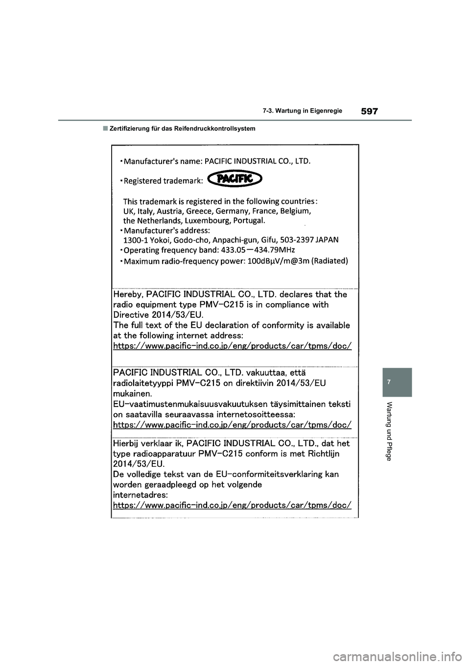 TOYOTA RAV4 2021 Betriebsanleitungen (in German) 597
7 7-3. Wartung in Eigenregie
Wartung und Pflege
■Zertifizierung für das Reifendruckkontrollsystem TOYOTA RAV4 2021 Betriebsanleitungen (in German) 597
7 7-3. Wartung in Eigenregie
Wartung und Pflege
■Zertifizierung für das Reifendruckkontrollsystem