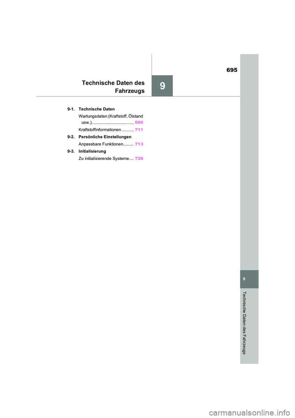 TOYOTA RAV4 2021 Betriebsanleitungen (in German) 9
695
9
Technische Daten des Fahrzeugs
Technische Daten des
Fahrzeugs
9-1. Technische Daten
Wartungsdaten (Kraftstoff, Ölstand
usw.).................................... 696
Kraftstoffinformation TOYOTA RAV4 2021 Betriebsanleitungen (in German) 9
695
9
Technische Daten des Fahrzeugs
Technische Daten des
Fahrzeugs
9-1. Technische Daten
Wartungsdaten (Kraftstoff, Ölstand
usw.).................................... 696
Kraftstoffinformation