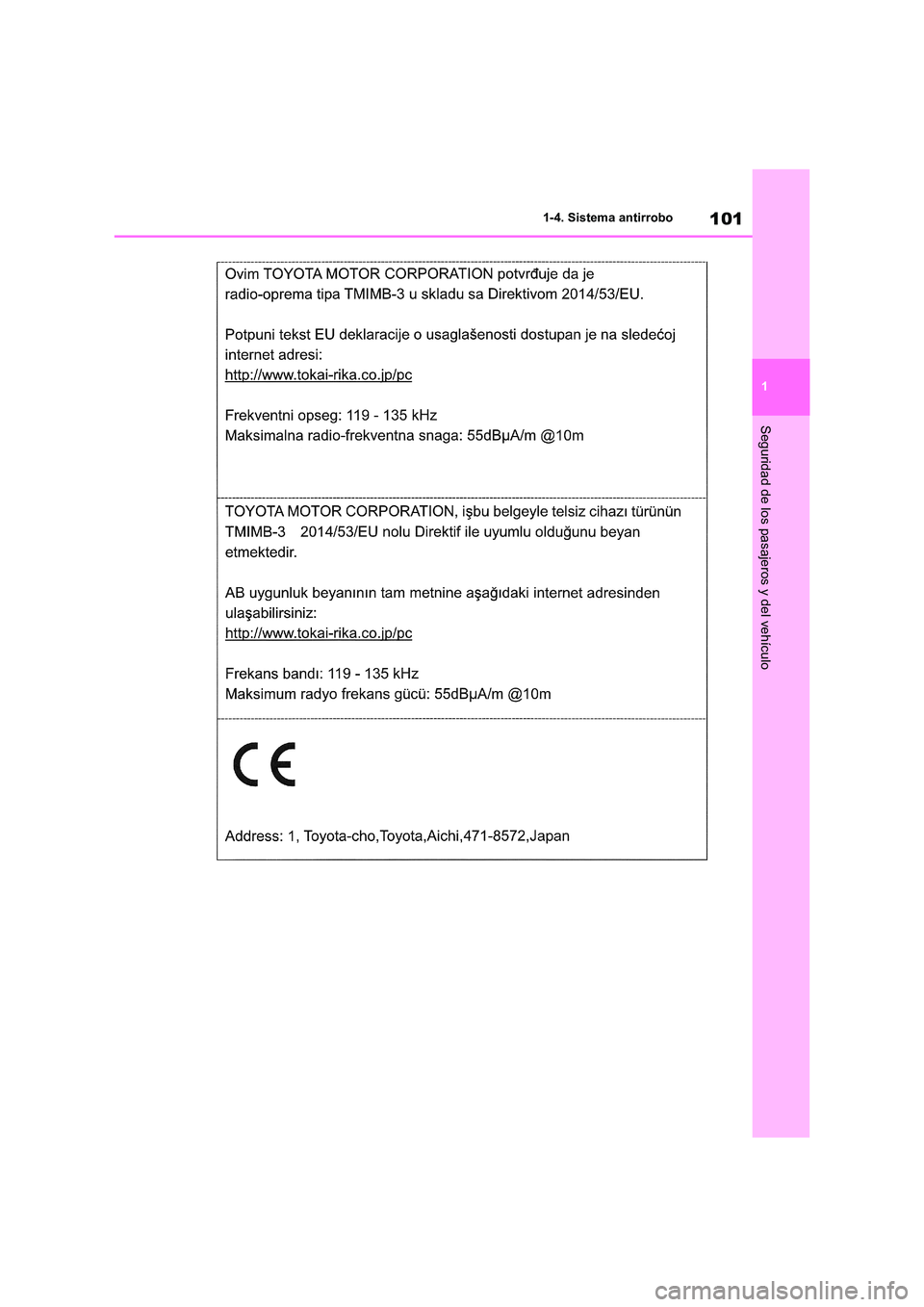 TOYOTA RAV4 2021 Manual del propietario (in Spanish) 101
1
1-4. Sistema antirrobo
Seguridad de los pasajeros y del vehículo TOYOTA RAV4 2021 Manual del propietario (in Spanish) 101
1
1-4. Sistema antirrobo
Seguridad de los pasajeros y del vehículo