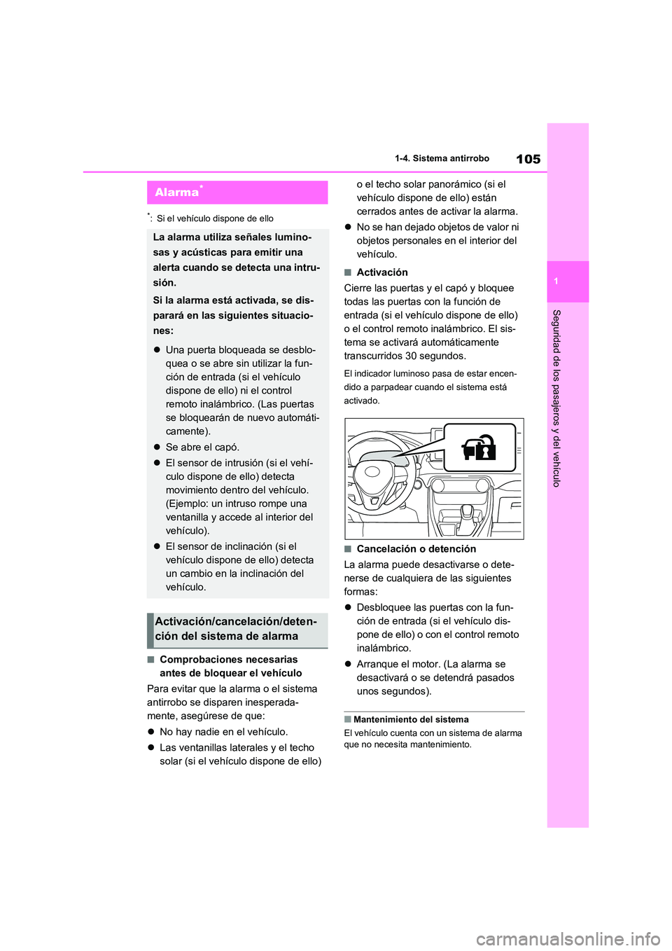 TOYOTA RAV4 2021 Manual del propietario (in Spanish) 105
1
1-4. Sistema antirrobo
Seguridad de los pasajeros y del vehículo
*: Si el vehículo dispone de ello
■Comprobaciones necesarias
antes de bloquear el vehículo
Para evitar que la alarma o e TOYOTA RAV4 2021 Manual del propietario (in Spanish) 105
1
1-4. Sistema antirrobo
Seguridad de los pasajeros y del vehículo
*: Si el vehículo dispone de ello
■Comprobaciones necesarias
antes de bloquear el vehículo
Para evitar que la alarma o e