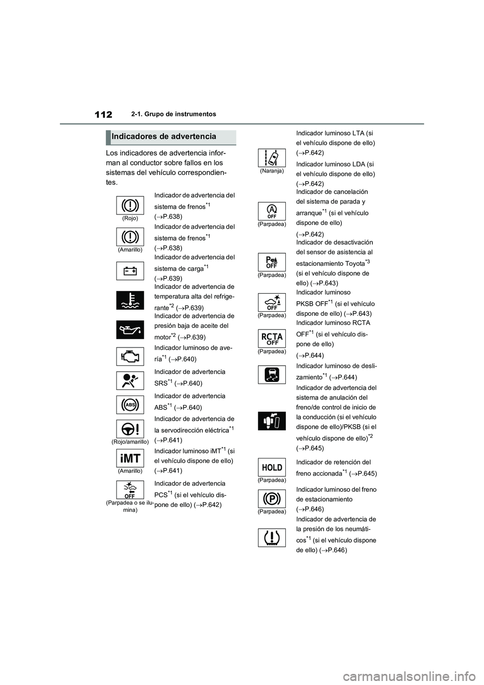 TOYOTA RAV4 2021 Manual del propietario (in Spanish) 1122-1. Grupo de instrumentos
Los indicadores de advertencia infor-
man al conductor sobre fallos en los
sistemas del vehículo correspondien-
tes.
Indicadores de advertencia
(Rojo)
Indicador de adve TOYOTA RAV4 2021 Manual del propietario (in Spanish) 1122-1. Grupo de instrumentos
Los indicadores de advertencia infor-
man al conductor sobre fallos en los
sistemas del vehículo correspondien-
tes.
Indicadores de advertencia
(Rojo)
Indicador de adve