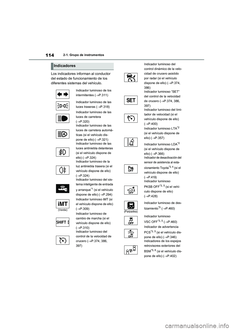 TOYOTA RAV4 2021 Manual del propietario (in Spanish) 1142-1. Grupo de instrumentos
Los indicadores informan al conductor
del estado de funcionamiento de los
diferentes sistemas del vehículo.
Indicadores
Indicador luminoso de los
intermitentes (P. TOYOTA RAV4 2021 Manual del propietario (in Spanish) 1142-1. Grupo de instrumentos
Los indicadores informan al conductor
del estado de funcionamiento de los
diferentes sistemas del vehículo.
Indicadores
Indicador luminoso de los
intermitentes (P.