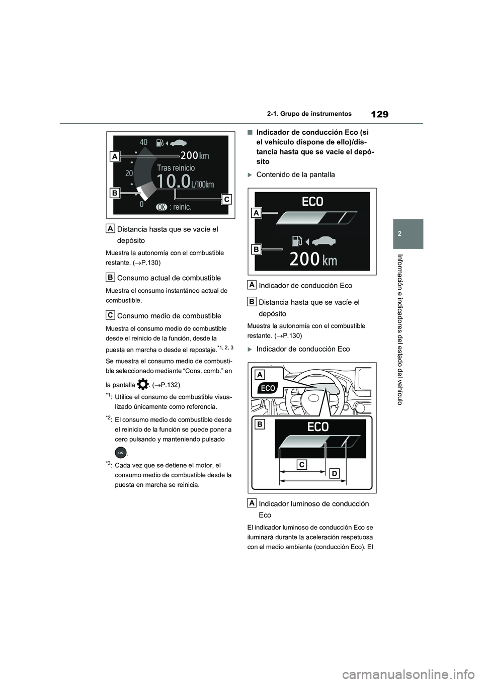 TOYOTA RAV4 2021 Manual del propietario (in Spanish) 129
2 2-1. Grupo de instrumentos
Información e indicadores del estado del vehículo
Distancia hasta que se vacíe el
depósito
Muestra la autonomía con el combustible
restante. (P.130)
Consumo TOYOTA RAV4 2021 Manual del propietario (in Spanish) 129
2 2-1. Grupo de instrumentos
Información e indicadores del estado del vehículo
Distancia hasta que se vacíe el
depósito
Muestra la autonomía con el combustible
restante. (P.130)
Consumo