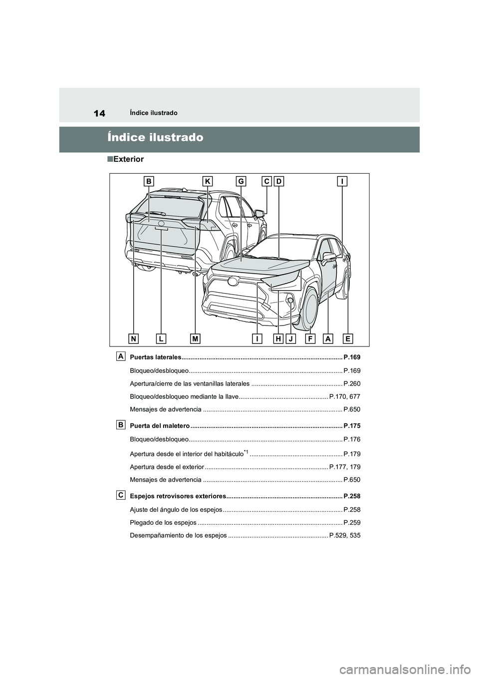 TOYOTA RAV4 2021 Manual del propietario (in Spanish) 14Índice ilustrado
Índice ilustrado
■Exterior
Puertas laterales.......................................................................................... P.169
Bloqueo/desbloqueo.................. TOYOTA RAV4 2021 Manual del propietario (in Spanish) 14Índice ilustrado
Índice ilustrado
■Exterior
Puertas laterales.......................................................................................... P.169
Bloqueo/desbloqueo..................