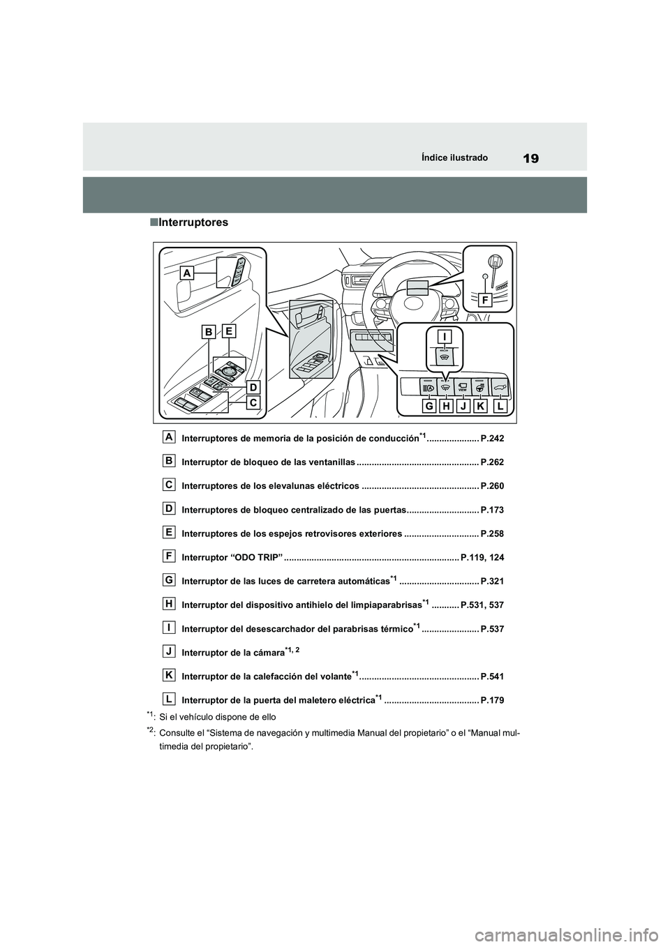 TOYOTA RAV4 2021 Manual del propietario (in Spanish) 19Índice ilustrado
■Interruptores
Interruptores de memoria de la posición de conducción*1..................... P.242
Interruptor de bloqueo de las ventanillas .................................... TOYOTA RAV4 2021 Manual del propietario (in Spanish) 19Índice ilustrado
■Interruptores
Interruptores de memoria de la posición de conducción*1..................... P.242
Interruptor de bloqueo de las ventanillas ....................................