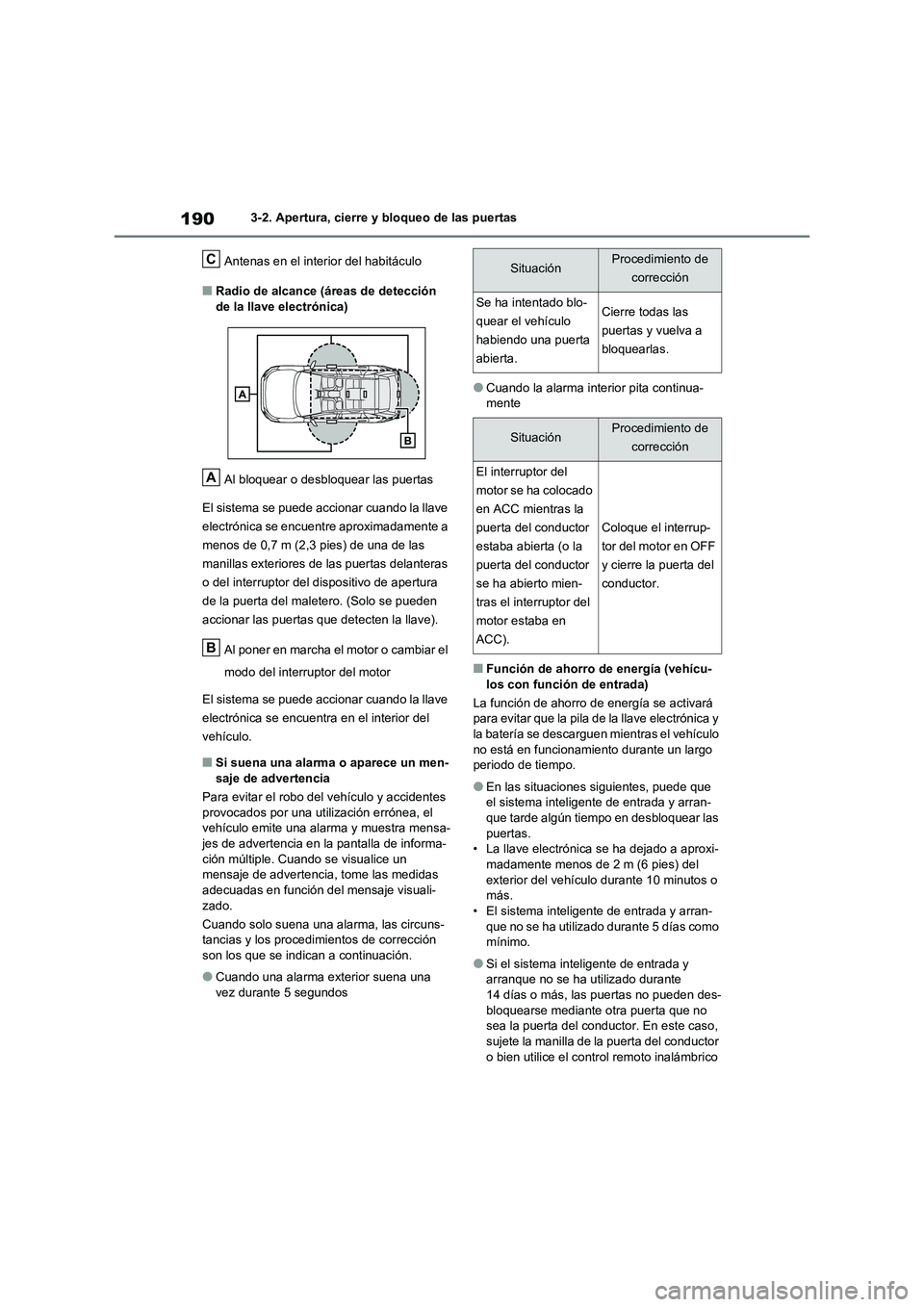 TOYOTA RAV4 2021 Manual del propietario (in Spanish) 1903-2. Apertura, cierre y bloqueo de las puertas
Antenas en el interior del habitáculo
■Radio de alcance (áreas de detección
de la llave electrónica)
Al bloquear o desbloquear las puertas
TOYOTA RAV4 2021 Manual del propietario (in Spanish) 1903-2. Apertura, cierre y bloqueo de las puertas
Antenas en el interior del habitáculo
■Radio de alcance (áreas de detección
de la llave electrónica)
Al bloquear o desbloquear las puertas