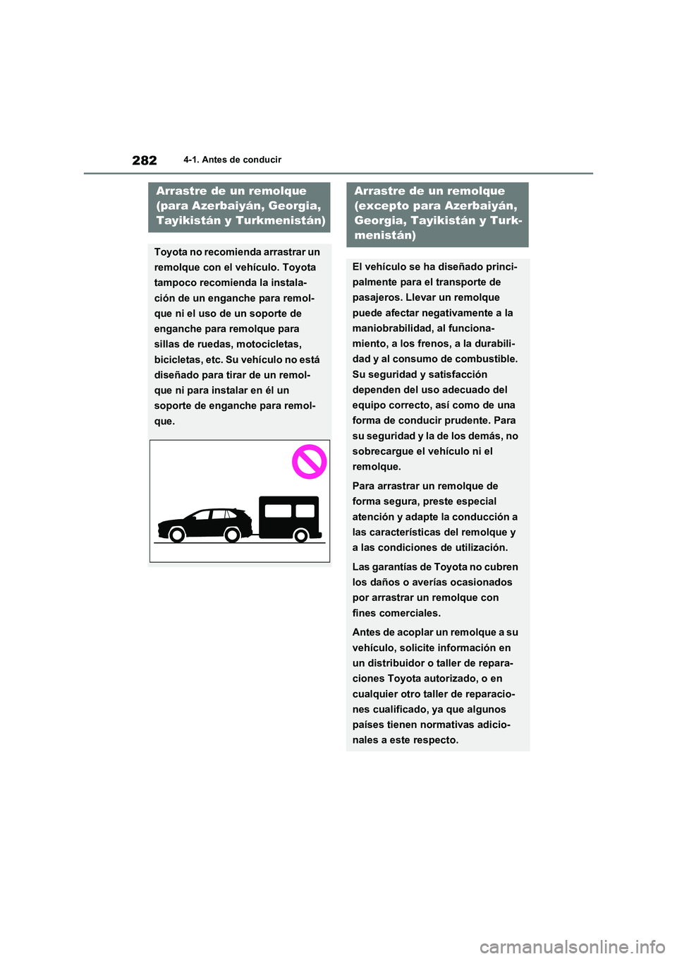 TOYOTA RAV4 2021 Manual del propietario (in Spanish) 2824-1. Antes de conducir
Arrastre de un remolque
(para Azerbaiyán, Georgia,
Tayikistán y Turkmenistán)
Toyota no recomienda arrastrar un
remolque con el vehículo. Toyota
tampoco recomienda la TOYOTA RAV4 2021 Manual del propietario (in Spanish) 2824-1. Antes de conducir
Arrastre de un remolque
(para Azerbaiyán, Georgia,
Tayikistán y Turkmenistán)
Toyota no recomienda arrastrar un
remolque con el vehículo. Toyota
tampoco recomienda la