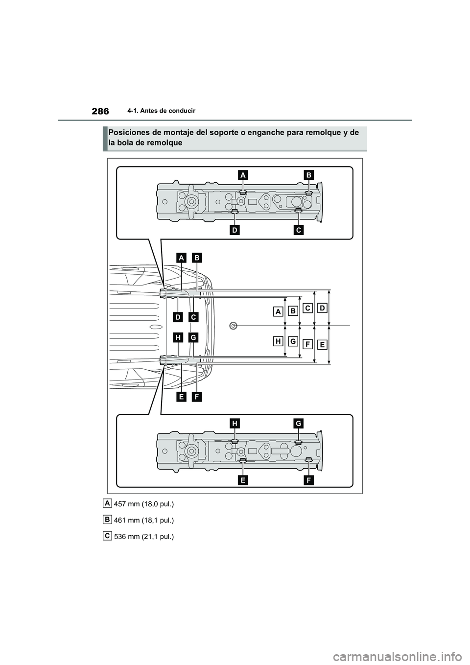 TOYOTA RAV4 2021 Manual del propietario (in Spanish) 2864-1. Antes de conducir
457 mm (18,0 pul.)
461 mm (18,1 pul.)
536 mm (21,1 pul.)
Posiciones de montaje del soporte o enganche para remolque y de
la bola de remolque
A
B
C TOYOTA RAV4 2021 Manual del propietario (in Spanish) 2864-1. Antes de conducir
457 mm (18,0 pul.)
461 mm (18,1 pul.)
536 mm (21,1 pul.)
Posiciones de montaje del soporte o enganche para remolque y de
la bola de remolque
A
B
C