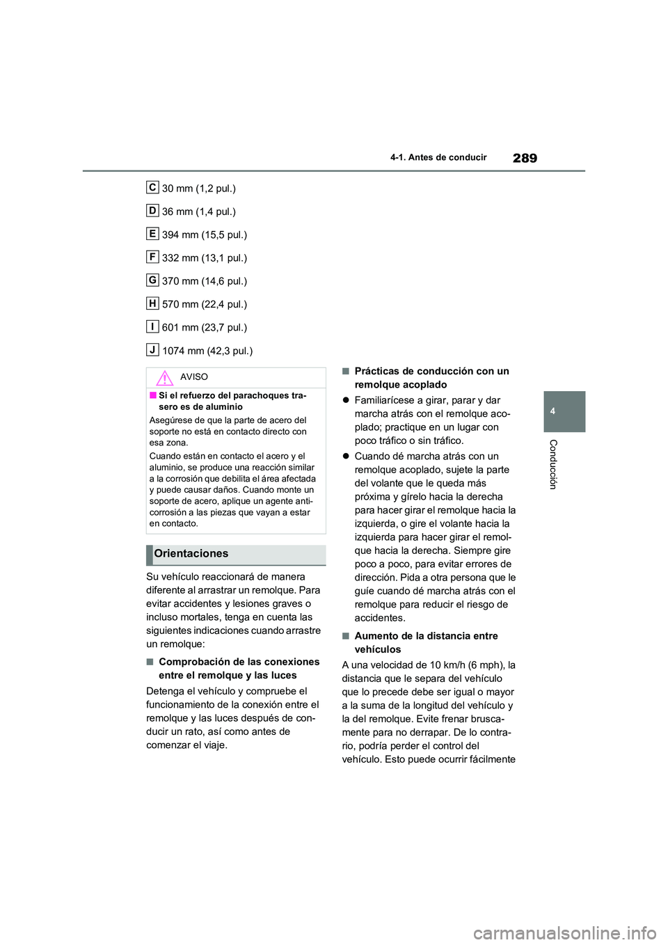 TOYOTA RAV4 2021 Manual del propietario (in Spanish) 289
4
4-1. Antes de conducir
Conducción
30 mm (1,2 pul.)
36 mm (1,4 pul.)
394 mm (15,5 pul.)
332 mm (13,1 pul.)
370 mm (14,6 pul.)
570 mm (22,4 pul.)
601 mm (23,7 pul.)
1074 mm (42,3 pul.)
Su TOYOTA RAV4 2021 Manual del propietario (in Spanish) 289
4
4-1. Antes de conducir
Conducción
30 mm (1,2 pul.)
36 mm (1,4 pul.)
394 mm (15,5 pul.)
332 mm (13,1 pul.)
370 mm (14,6 pul.)
570 mm (22,4 pul.)
601 mm (23,7 pul.)
1074 mm (42,3 pul.)
Su