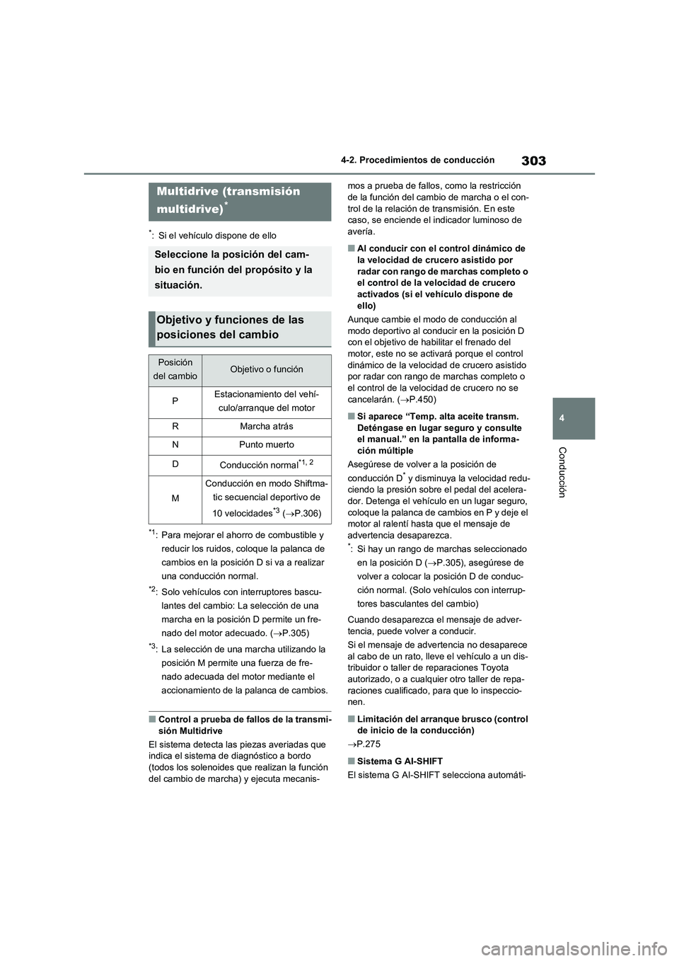 TOYOTA RAV4 2021 Manual del propietario (in Spanish) 303
4 4-2. Procedimientos de conducción
Conducción
*: Si el vehículo dispone de ello
*1: Para mejorar el ahorro de combustible y
reducir los ruidos, coloque la palanca de
cambios en la posición TOYOTA RAV4 2021 Manual del propietario (in Spanish) 303
4 4-2. Procedimientos de conducción
Conducción
*: Si el vehículo dispone de ello
*1: Para mejorar el ahorro de combustible y
reducir los ruidos, coloque la palanca de
cambios en la posición
