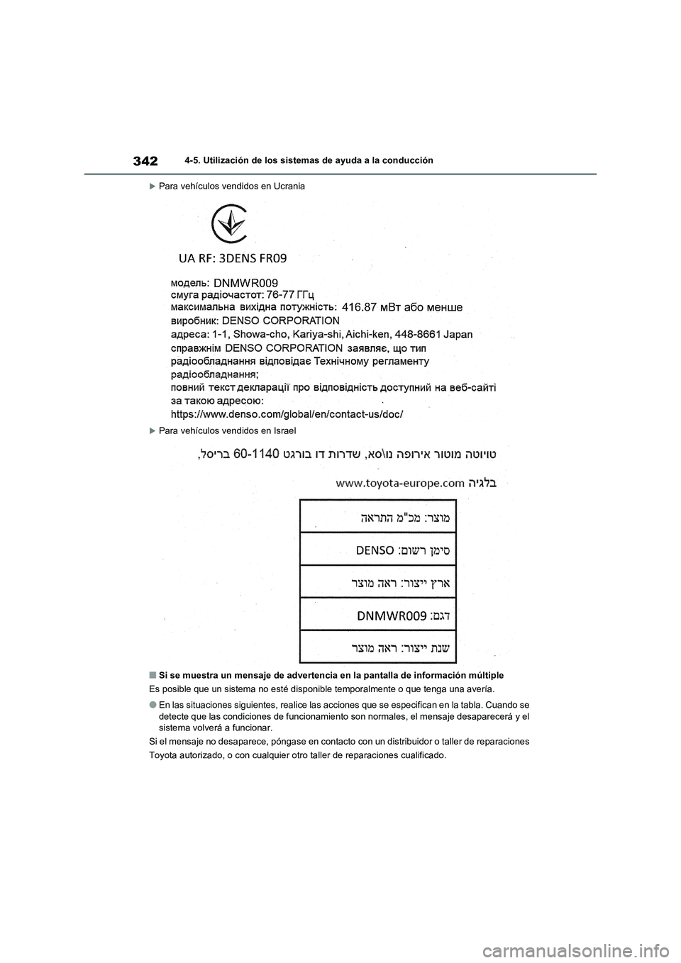 TOYOTA RAV4 2021 Manual del propietario (in Spanish) 3424-5. Utilización de los sistemas de ayuda a la conducción
Para vehículos vendidos en Ucrania
Para vehículos vendidos en Israel
■Si se muestra un mensaje de advertencia en la pantalla de TOYOTA RAV4 2021 Manual del propietario (in Spanish) 3424-5. Utilización de los sistemas de ayuda a la conducción
Para vehículos vendidos en Ucrania
Para vehículos vendidos en Israel
■Si se muestra un mensaje de advertencia en la pantalla de