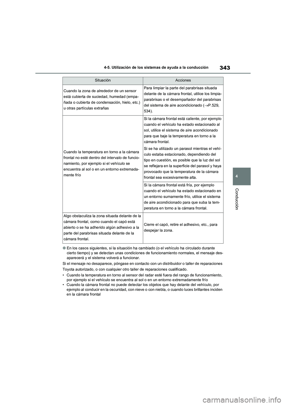 TOYOTA RAV4 2021 Manual del propietario (in Spanish) 343
4 4-5. Utilización de los sistemas de ayuda a la conducción
Conducción
●En los casos siguientes, si la situación ha cambiado (o el vehículo ha circulado durante
cierto tiempo) y se detecta TOYOTA RAV4 2021 Manual del propietario (in Spanish) 343
4 4-5. Utilización de los sistemas de ayuda a la conducción
Conducción
●En los casos siguientes, si la situación ha cambiado (o el vehículo ha circulado durante
cierto tiempo) y se detecta