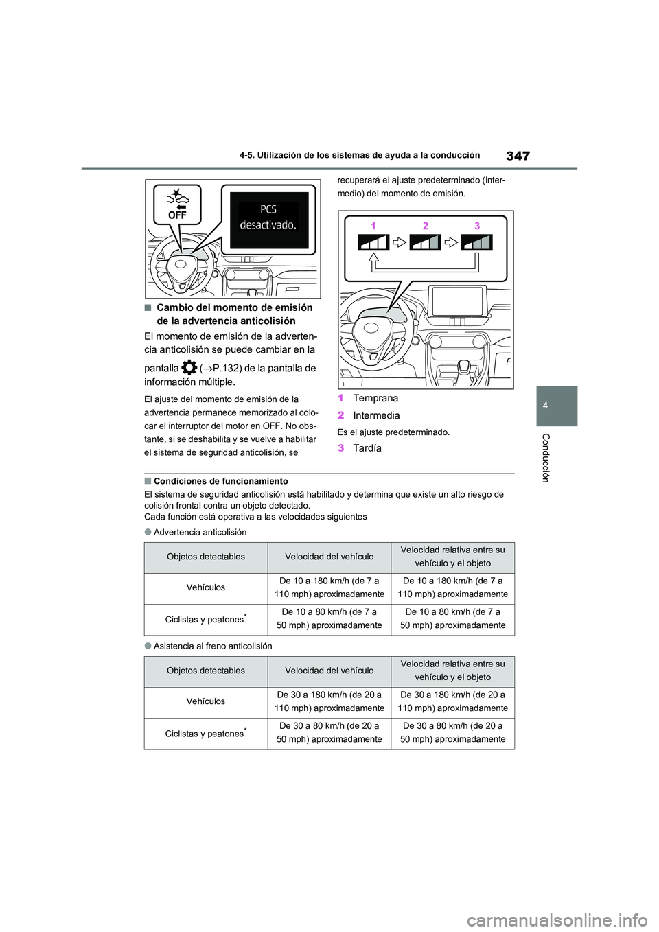 TOYOTA RAV4 2021 Manual del propietario (in Spanish) 347
4
4-5. Utilización de los sistemas de ayuda a la conducción
Conducción
■Cambio del momento de emisión
de la advertencia anticolisión
El momento de emisión de la adverten-
cia anticoli TOYOTA RAV4 2021 Manual del propietario (in Spanish) 347
4
4-5. Utilización de los sistemas de ayuda a la conducción
Conducción
■Cambio del momento de emisión
de la advertencia anticolisión
El momento de emisión de la adverten-
cia anticoli