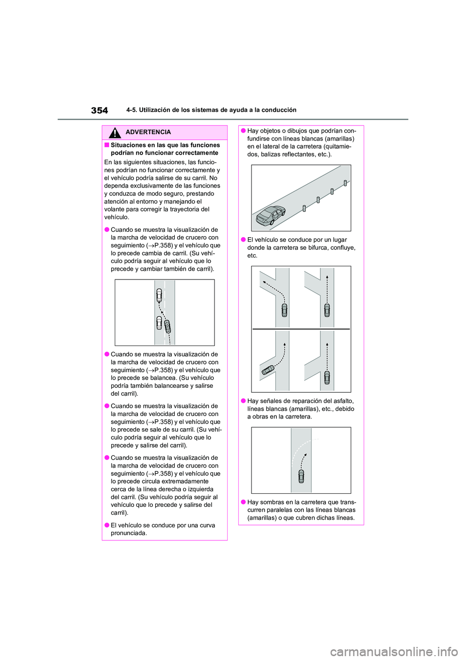 TOYOTA RAV4 2021 Manual del propietario (in Spanish) 3544-5. Utilización de los sistemas de ayuda a la conducción
ADVERTENCIA
■Situaciones en las que las funciones
podrían no funcionar correctamente
En las siguientes situaciones, las funcio-
ne TOYOTA RAV4 2021 Manual del propietario (in Spanish) 3544-5. Utilización de los sistemas de ayuda a la conducción
ADVERTENCIA
■Situaciones en las que las funciones
podrían no funcionar correctamente
En las siguientes situaciones, las funcio-
ne
